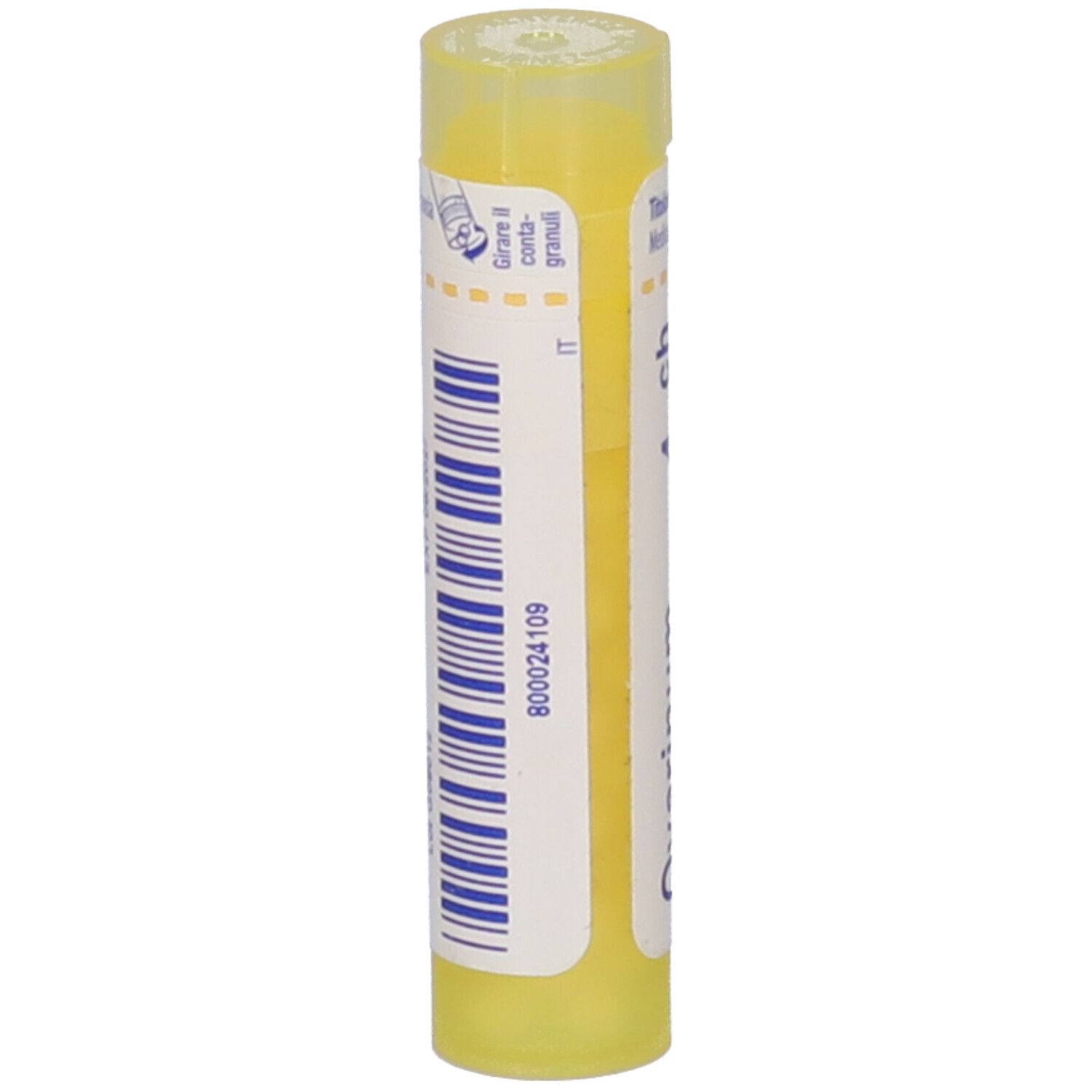 Tubo giallo con etichetta bianca e codice a barre. Scritta: 800024109. Confezione del prodotto.