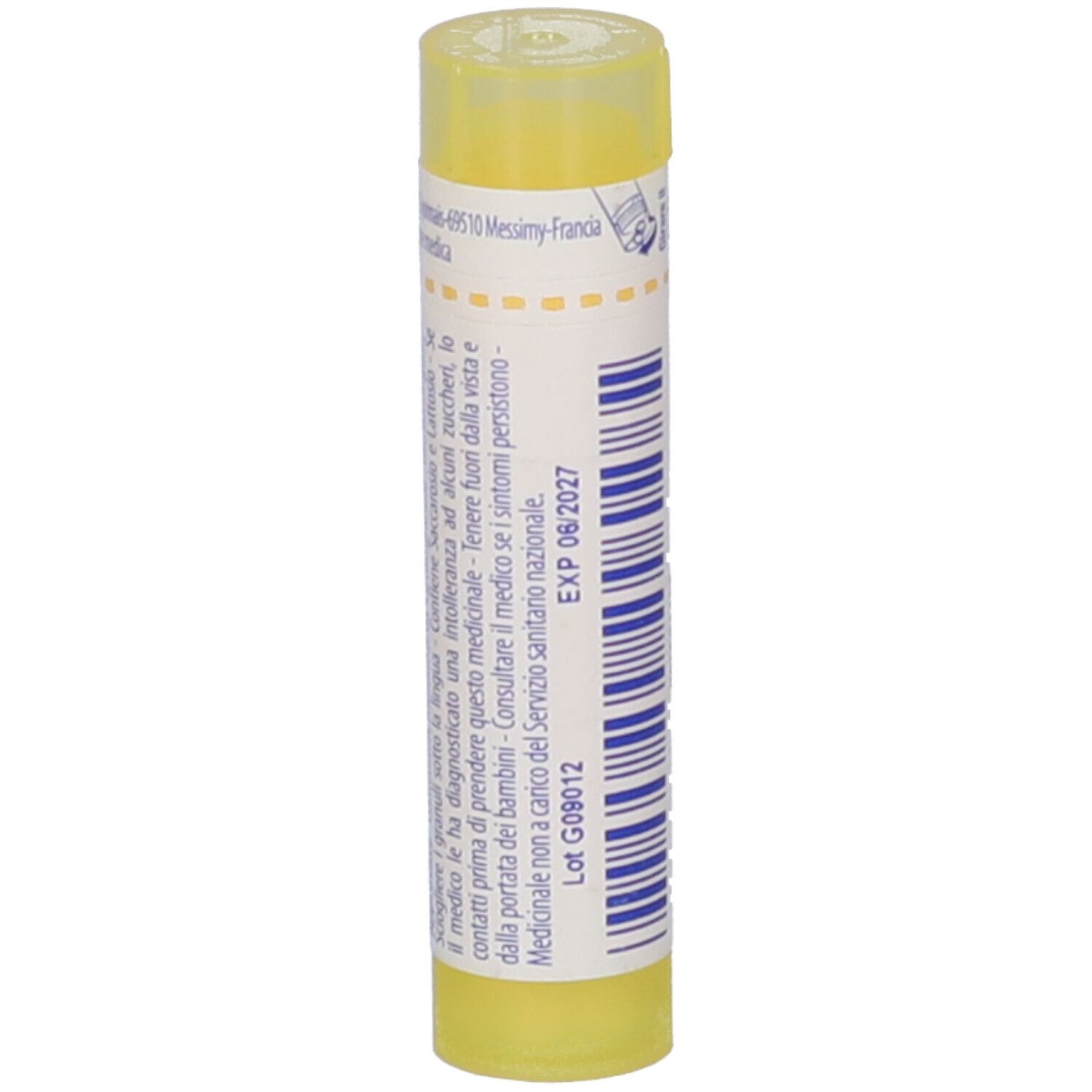Tubo giallo con etichetta bianca. Scritta: EXP 06/2027. Confezione del prodotto.