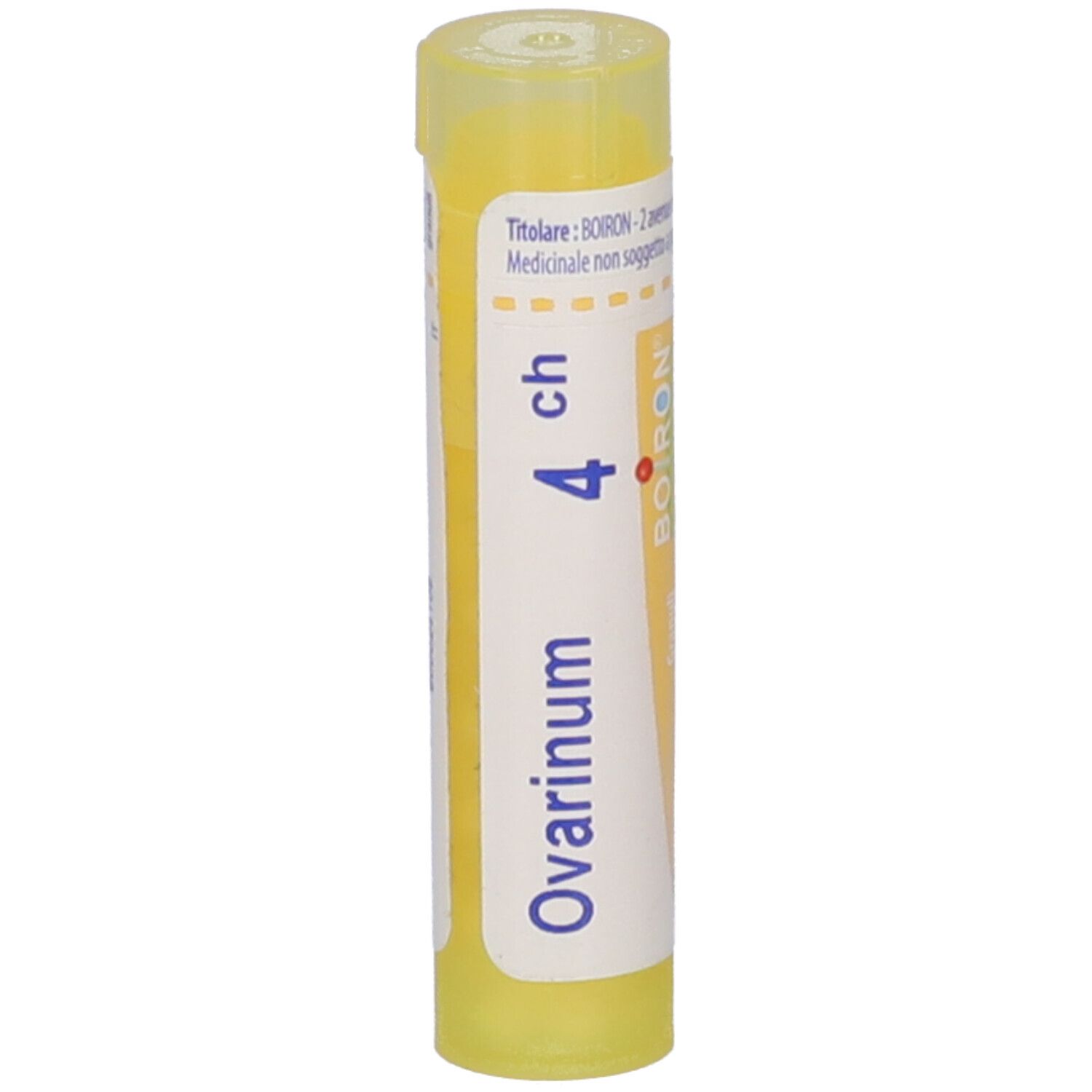 Tubo giallo con etichetta bianca. Scritta: Ovarinum 4 ch, BOIRON. Confezione del prodotto.