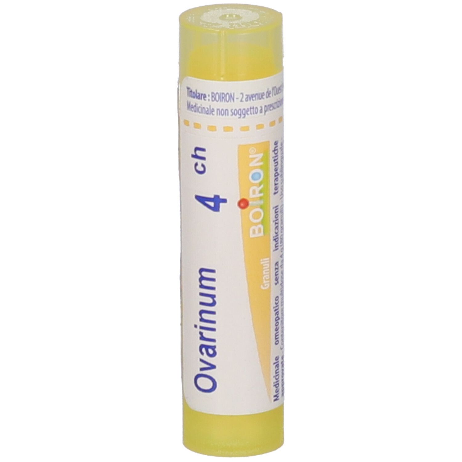 Tubo giallo con etichetta bianca. Scritta: Ovarinum 4 ch, BOIRON. Confezione del prodotto.