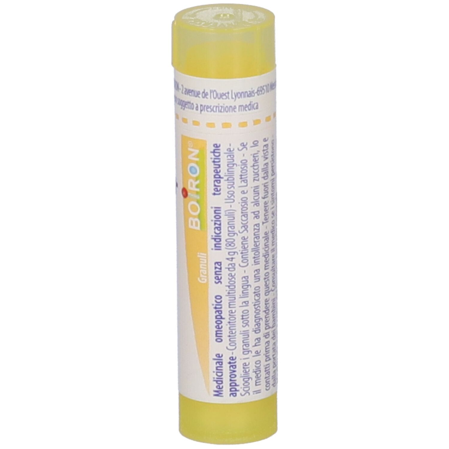 Tubo giallo con etichetta bianca. Scritta: BOIRON, Granuli, omeopatico. Confezione.