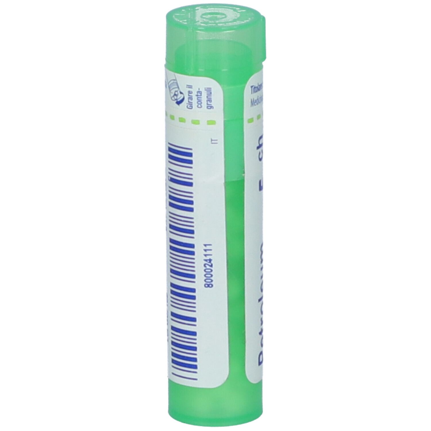 Tubo verde con codice a barre e testo. Scritta: 800024111. Prodotto medico.
