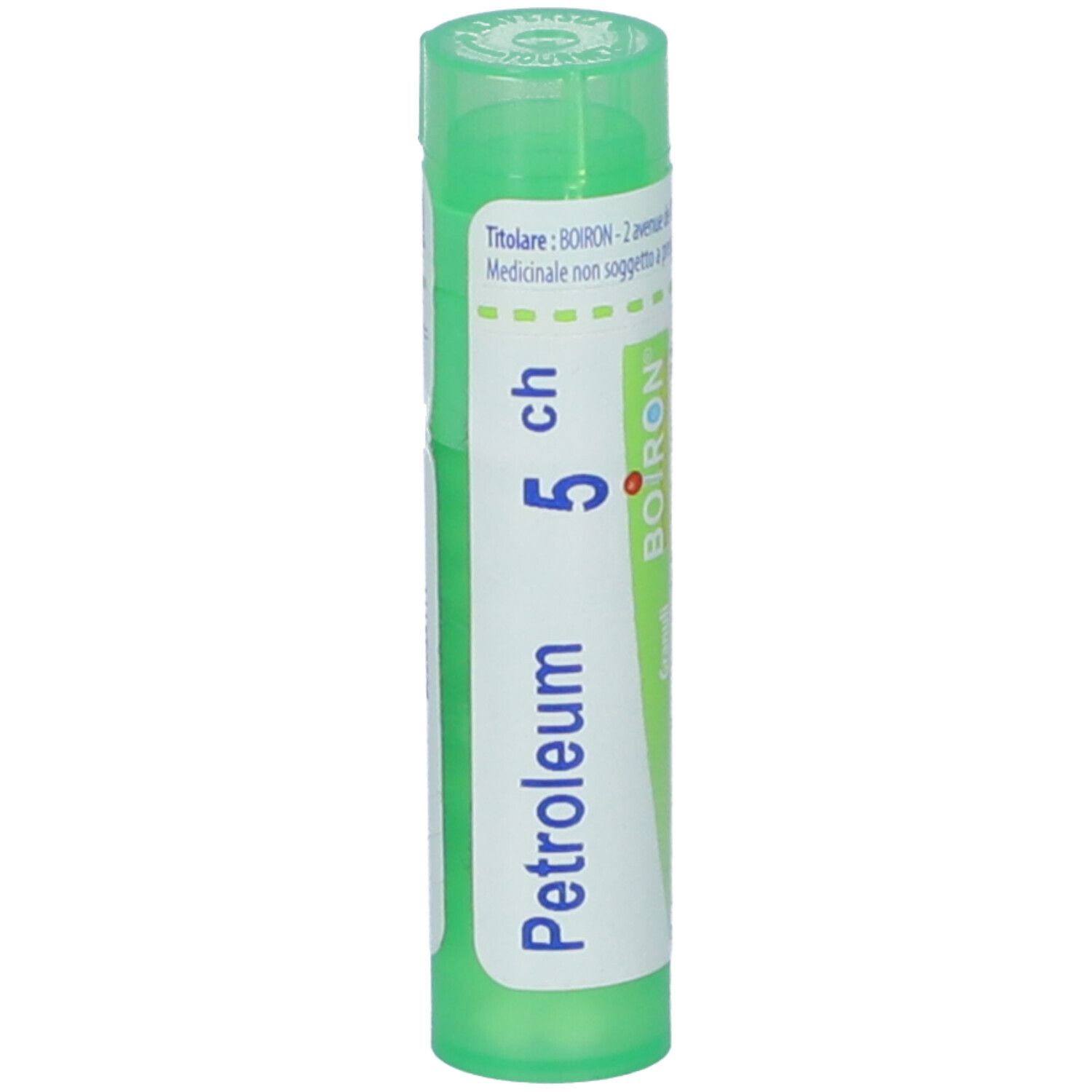 Tubo verde con etichetta bianca. Scritta: Petroleum 5 ch, BOIRON. Prodotto medico.
