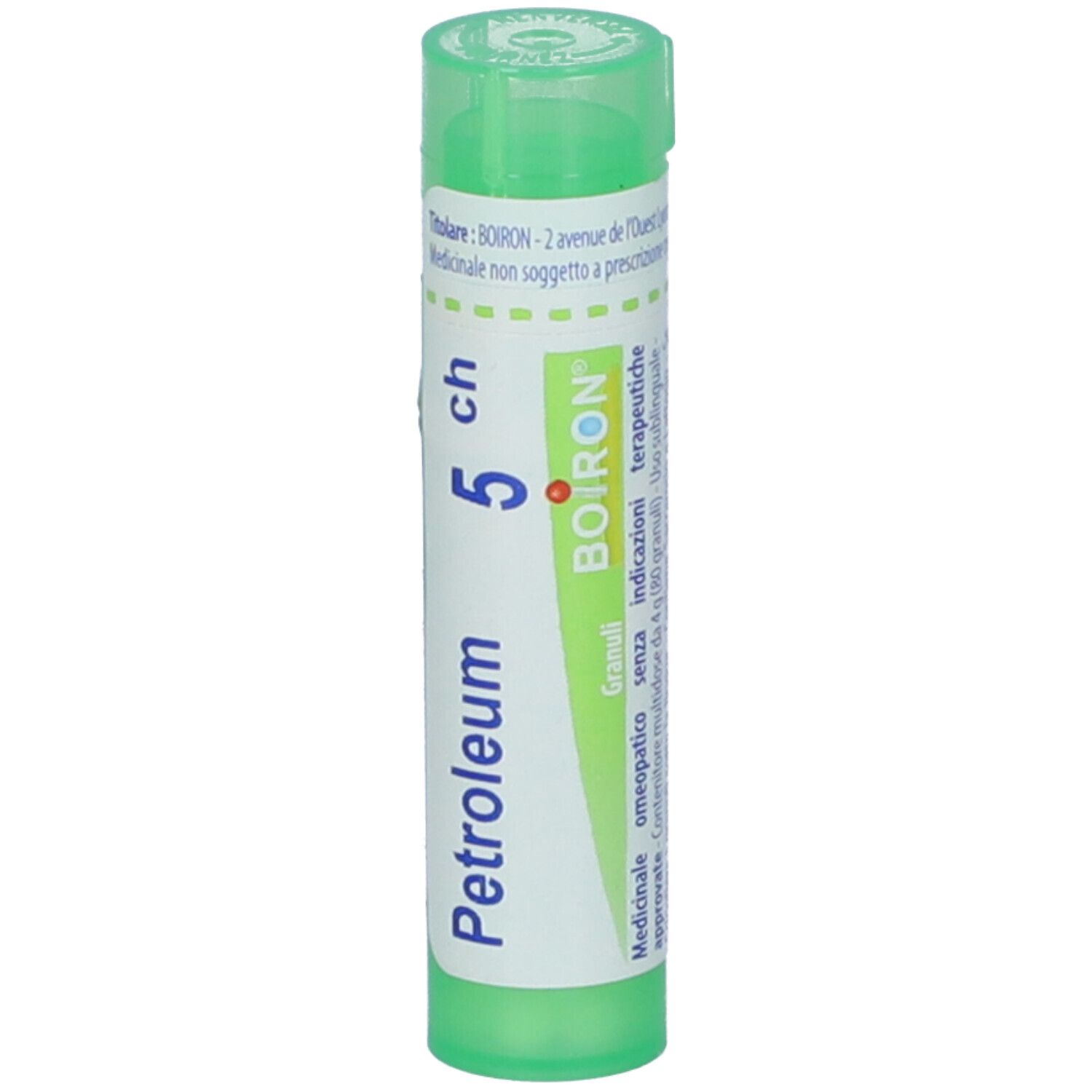 Tubo verde con etichetta bianca. Scritta: Petroleum 5 ch, BOIRON. Prodotto medico.