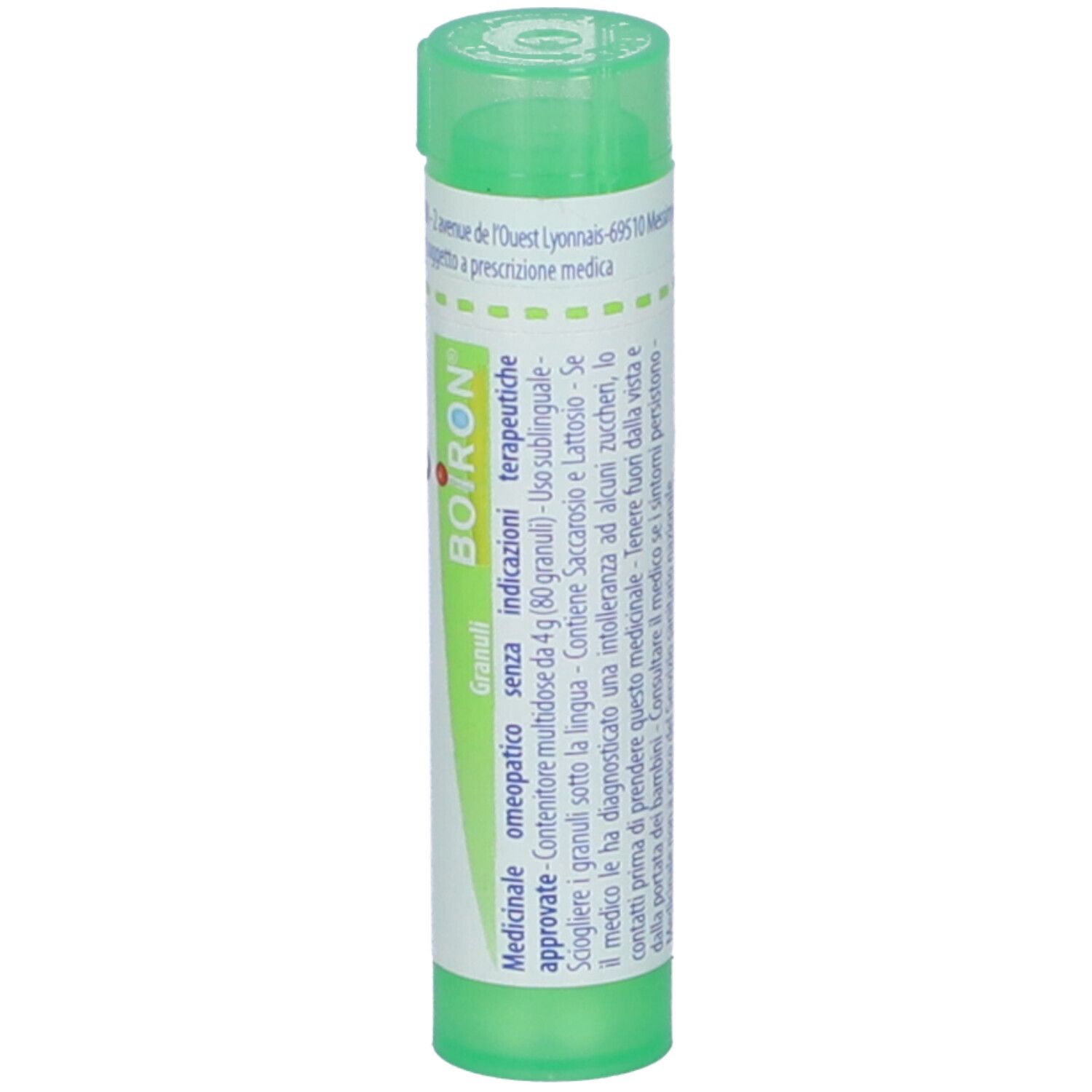 Tubo verde con testo ed etichetta. Scritta: BOIRON, Granuli, Prodotto medico.