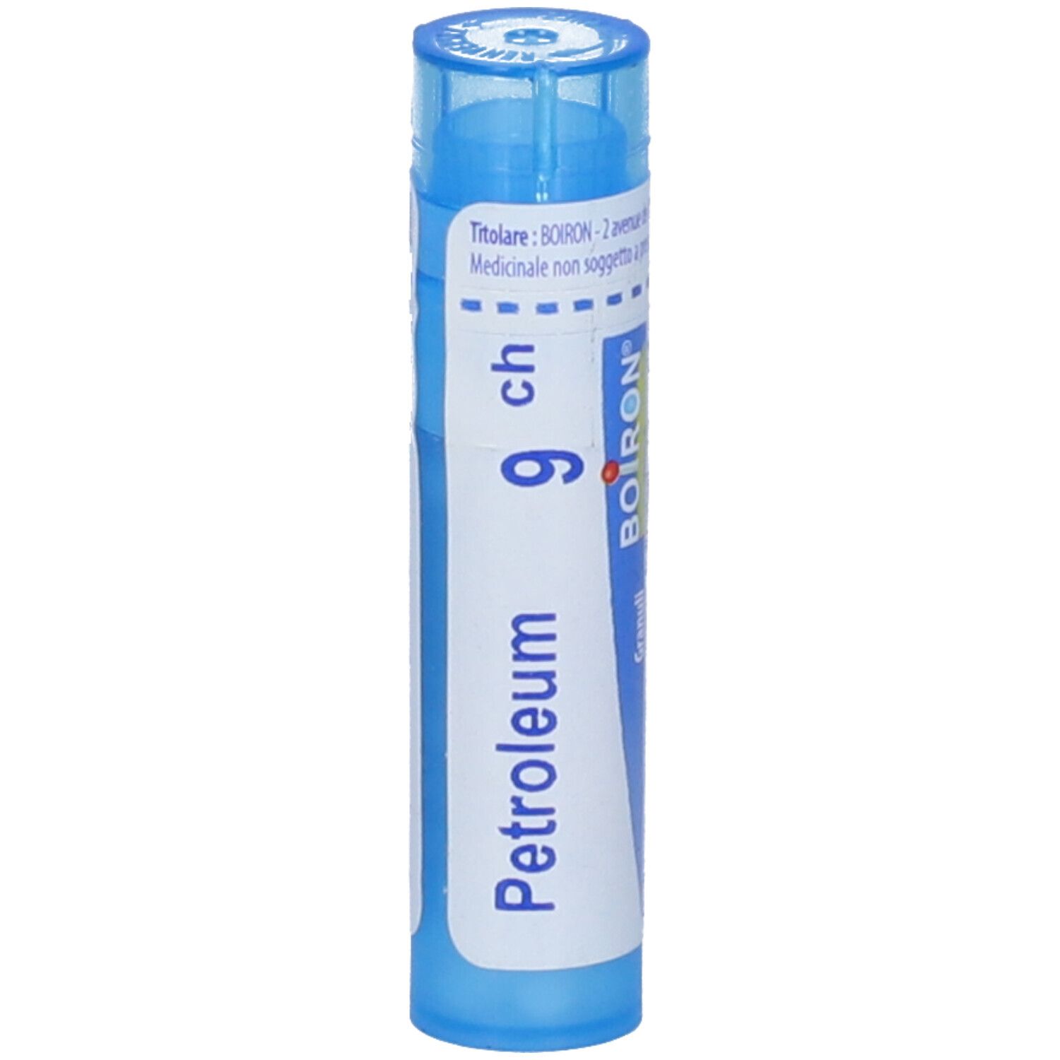 Tubo blu con etichetta bianca. Scritta: Petroleum 9 ch, BOIRON. Tubo, coperchio e base blu.
