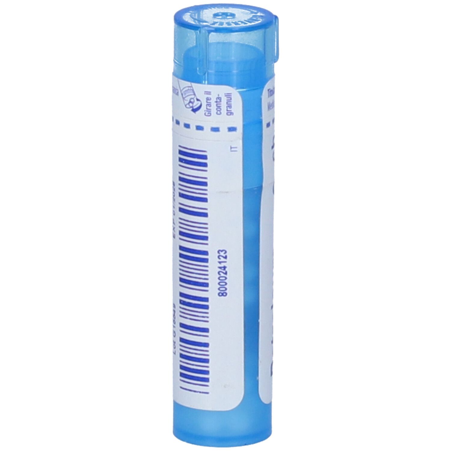 Tubo blu con etichetta bianca. Scritta: 800024123. Tubo, coperchio e base blu.
