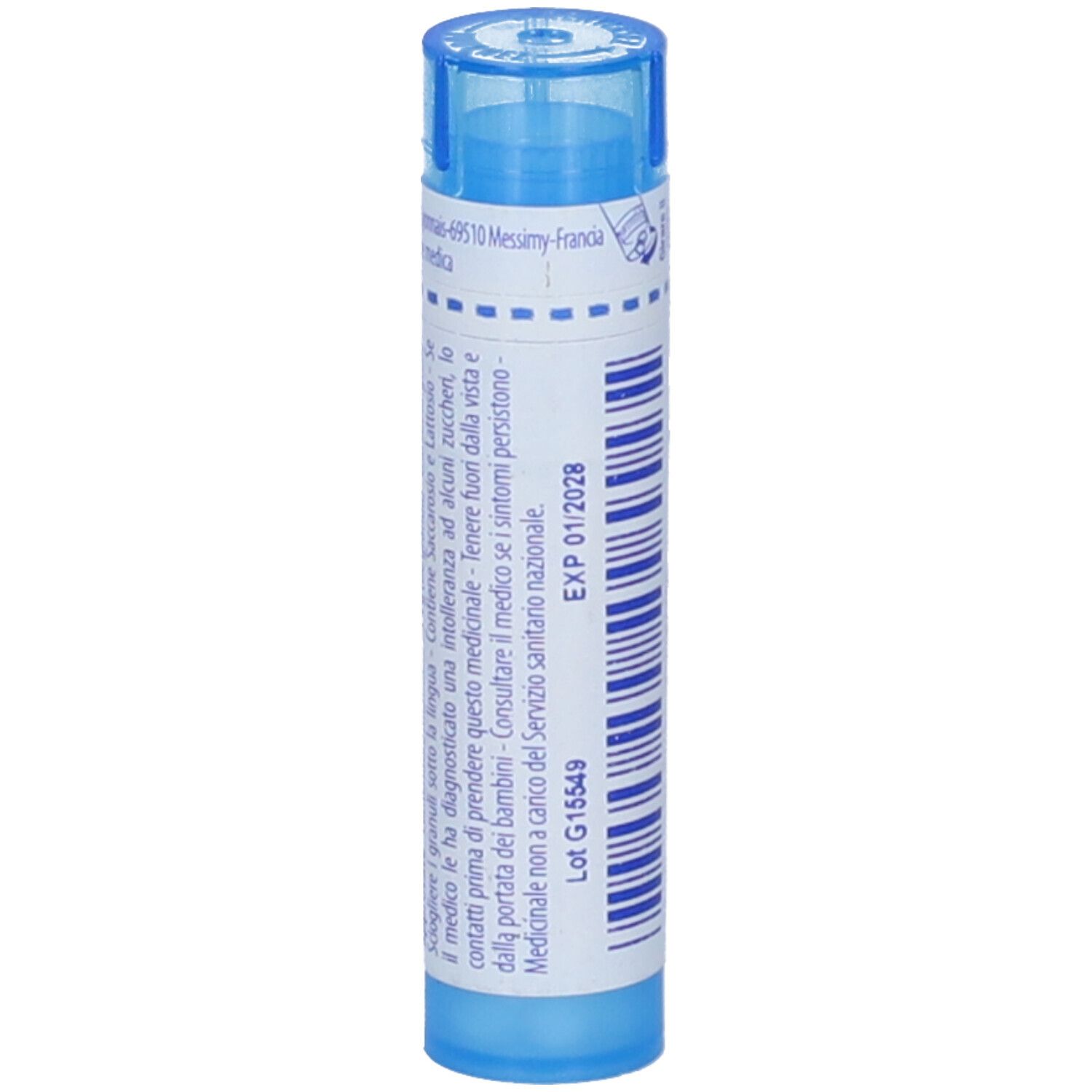 Tubo blu con etichetta bianca. Scritta: EXP 01/2028. Tubo, coperchio e base blu.