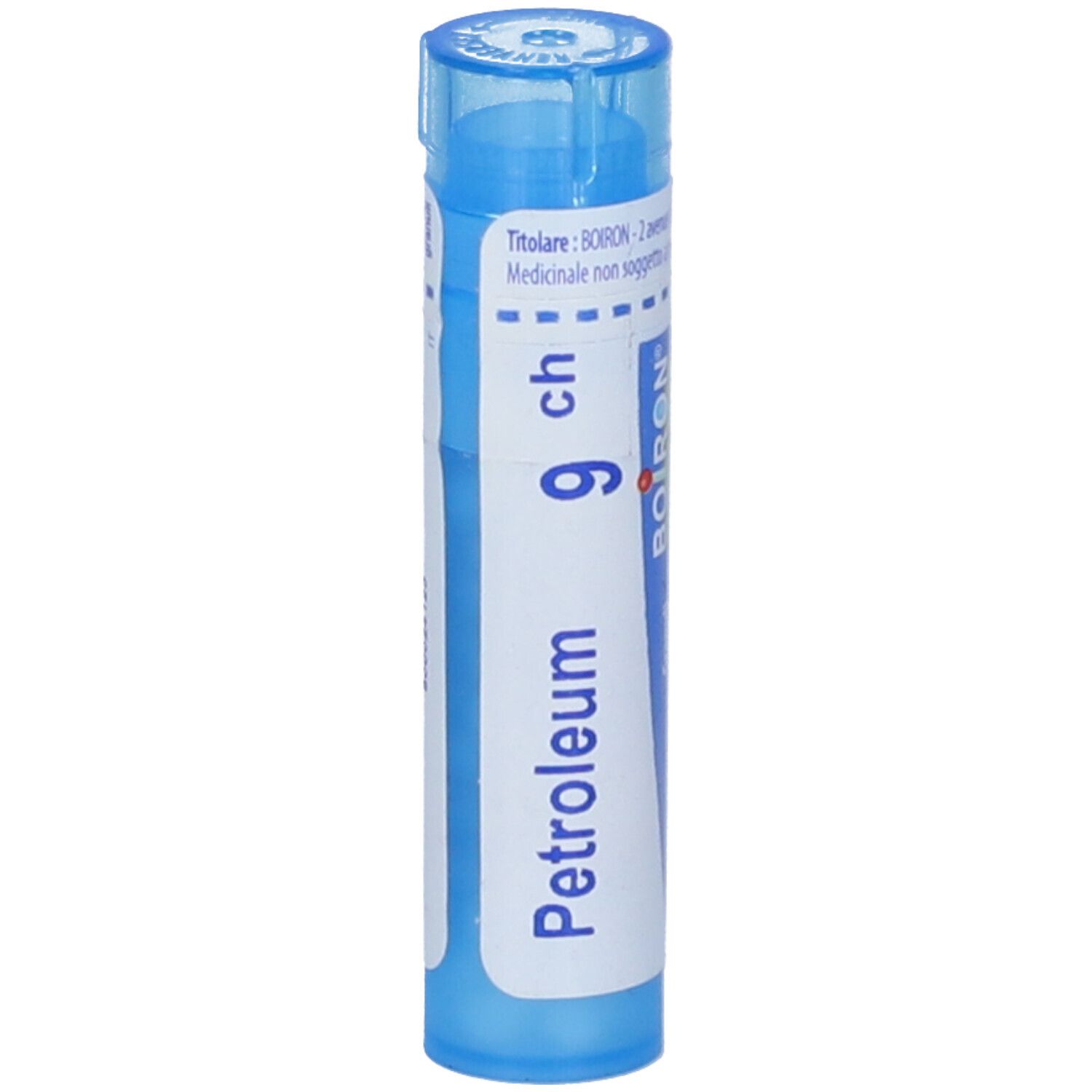 Tubo blu con etichetta bianca. Scritta: Petroleum 9 ch, BOIRON. Tubo, coperchio e base blu.