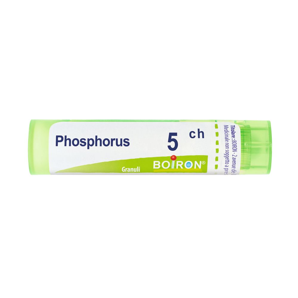 Confezione cilindrica con etichetta bianca. Scritta: Phosphorus 5 ch, Granuli, BOIRON. Tappo verde.