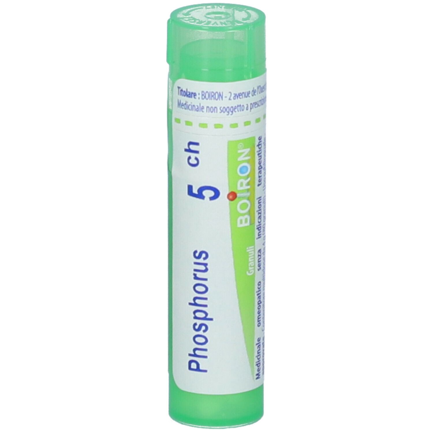 Confezione cilindrica verde. Scritta: Phosphorus 5 ch, BOIRON. Granuli. Tappo verde.