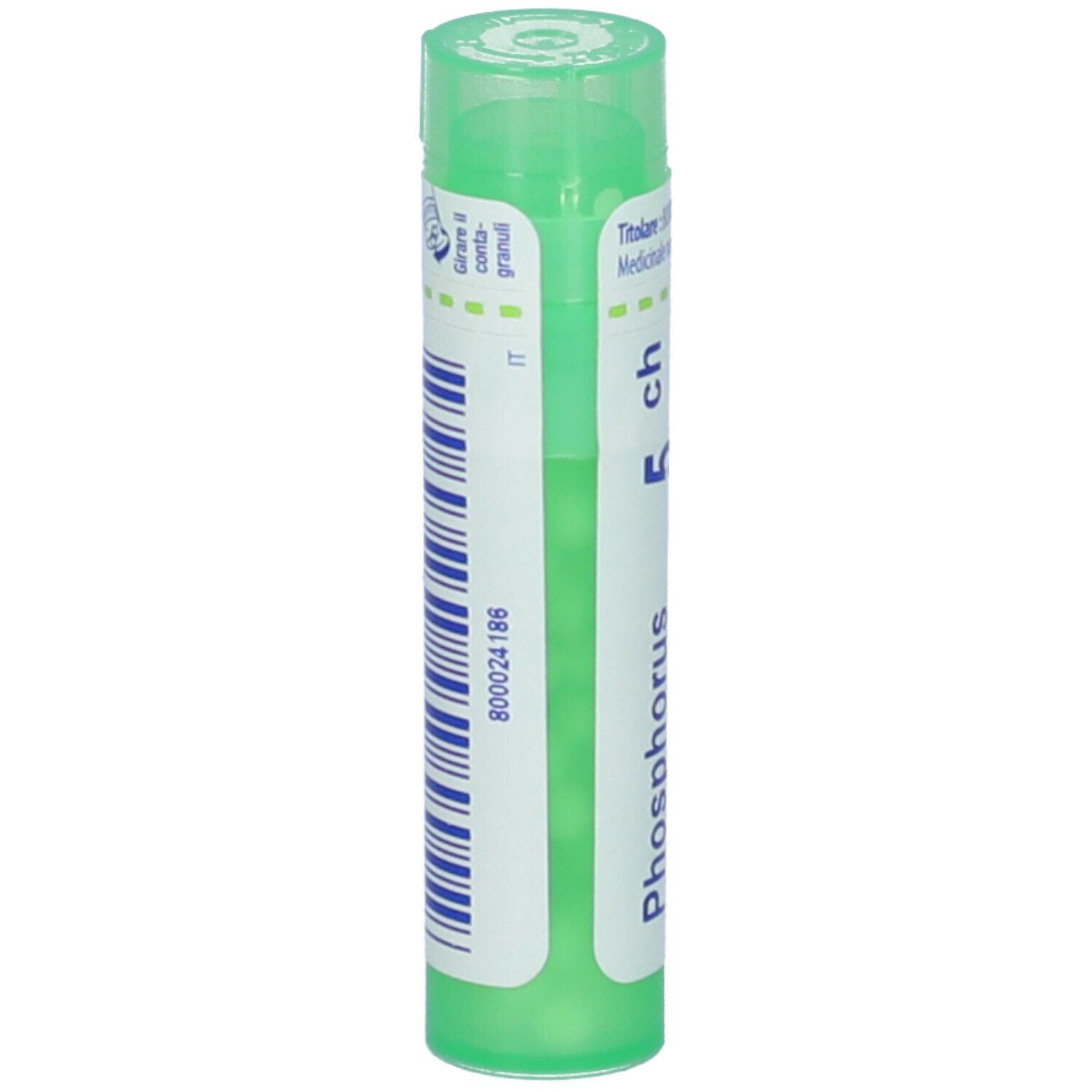 Confezione cilindrica verde. Scritta: Phosphorus 5 ch. Codice a barre e informazioni su etichetta bianca.