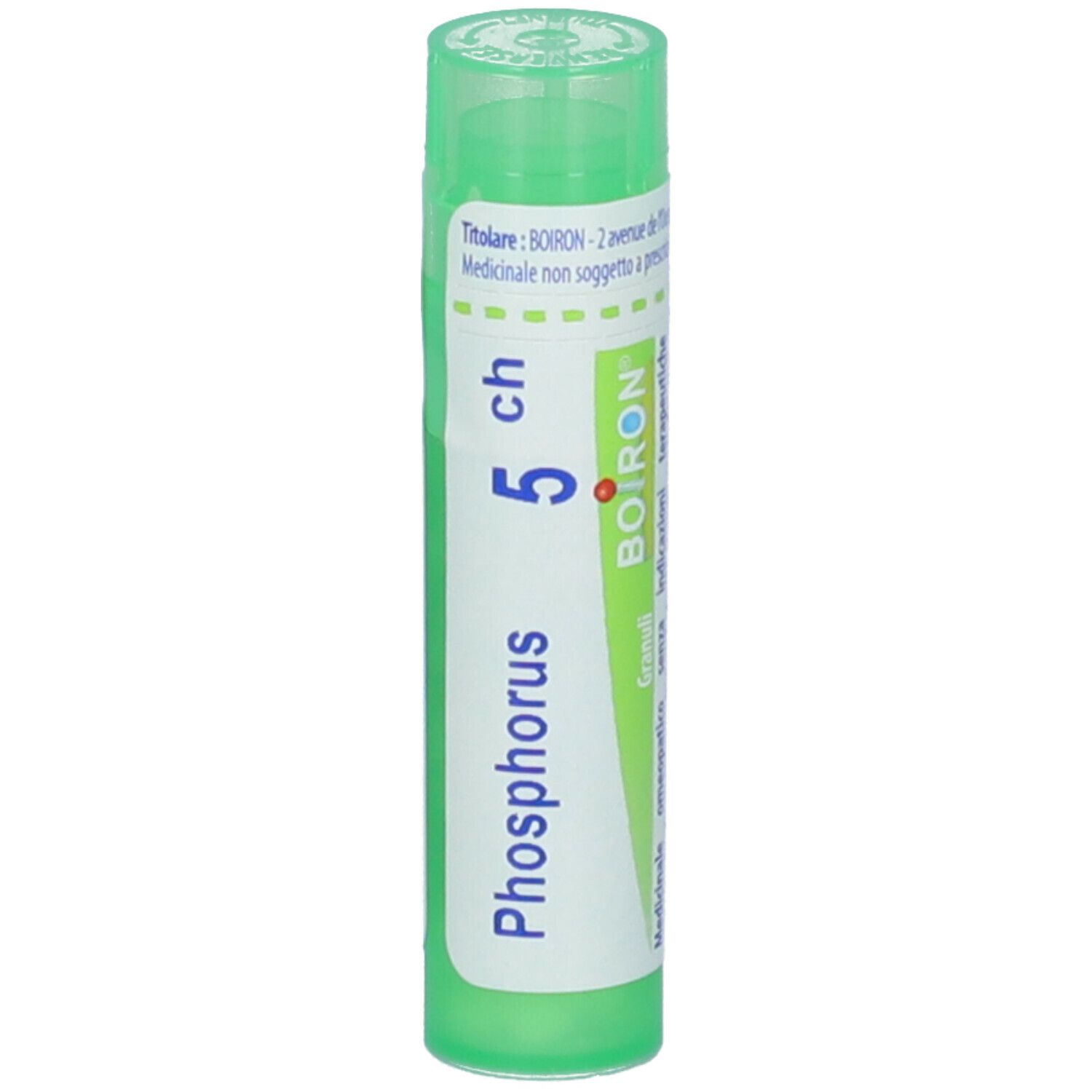 Confezione cilindrica verde. Scritta: Phosphorus 5 ch, BOIRON. Granuli. Punto rosso.