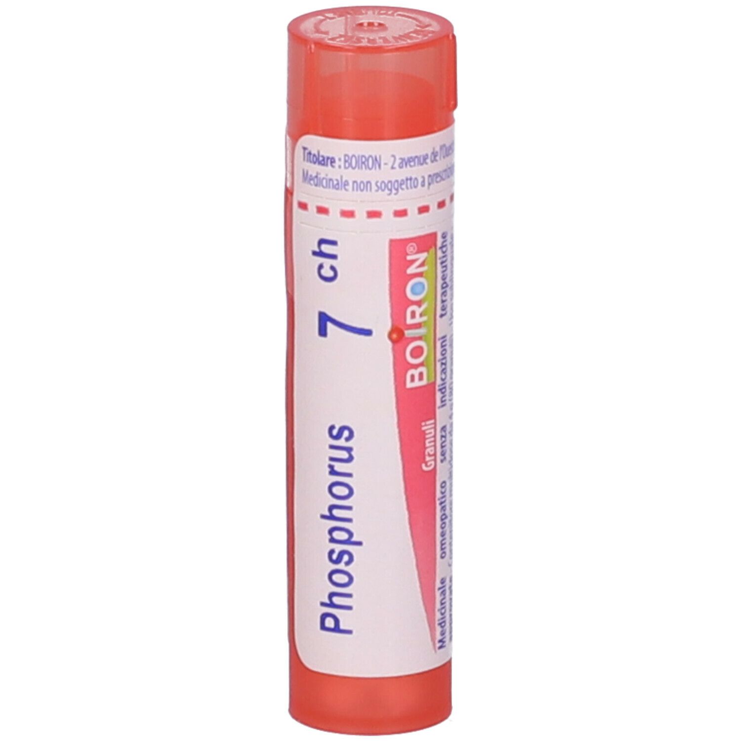 Confezione cilindrica arancione. Scritta: Phosphorus 7 ch, Granuli, BOIRON. Vista verticale.