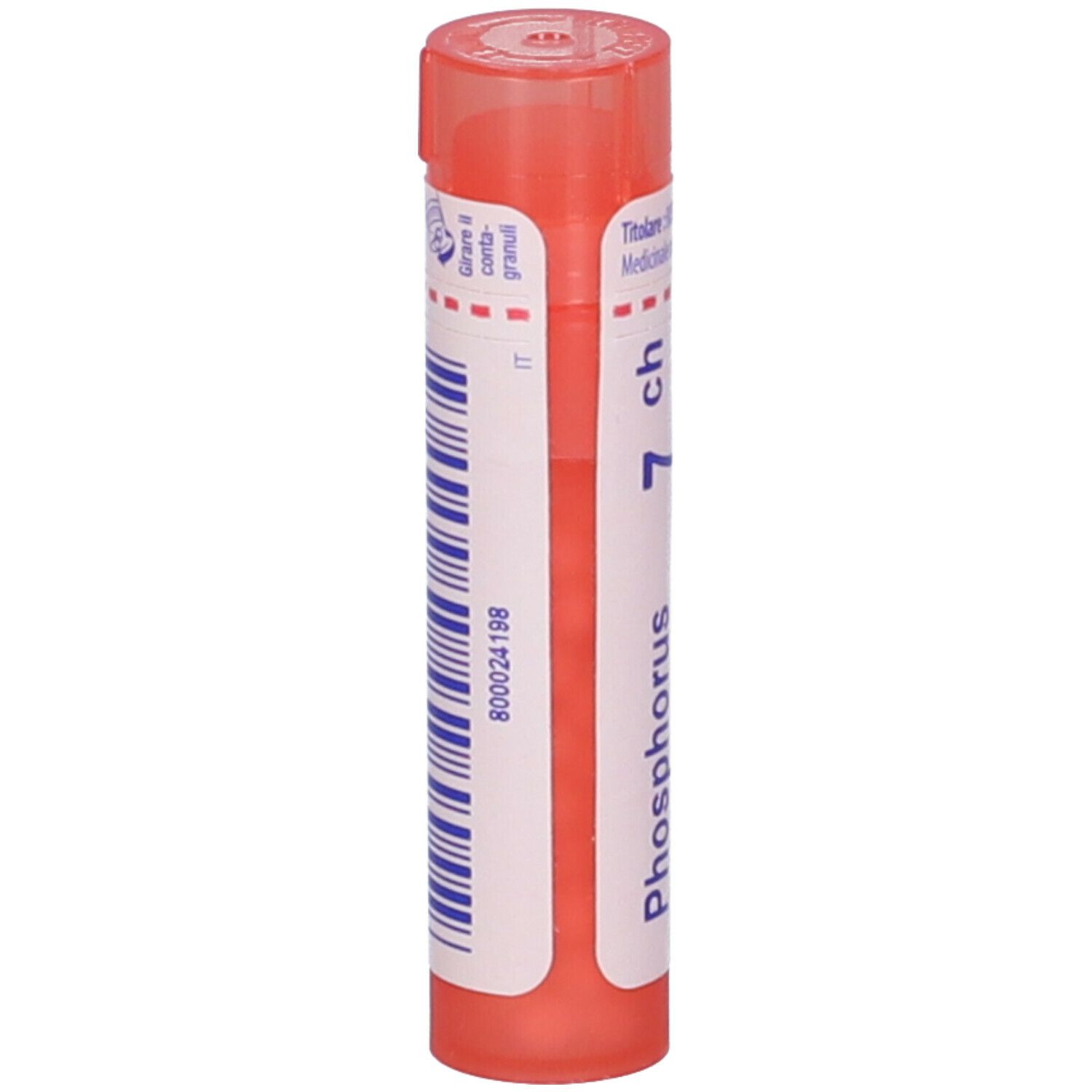 Confezione cilindrica arancione. Scritta: Phosphorus 7 ch. Etichetta con codice a barre e testo.
