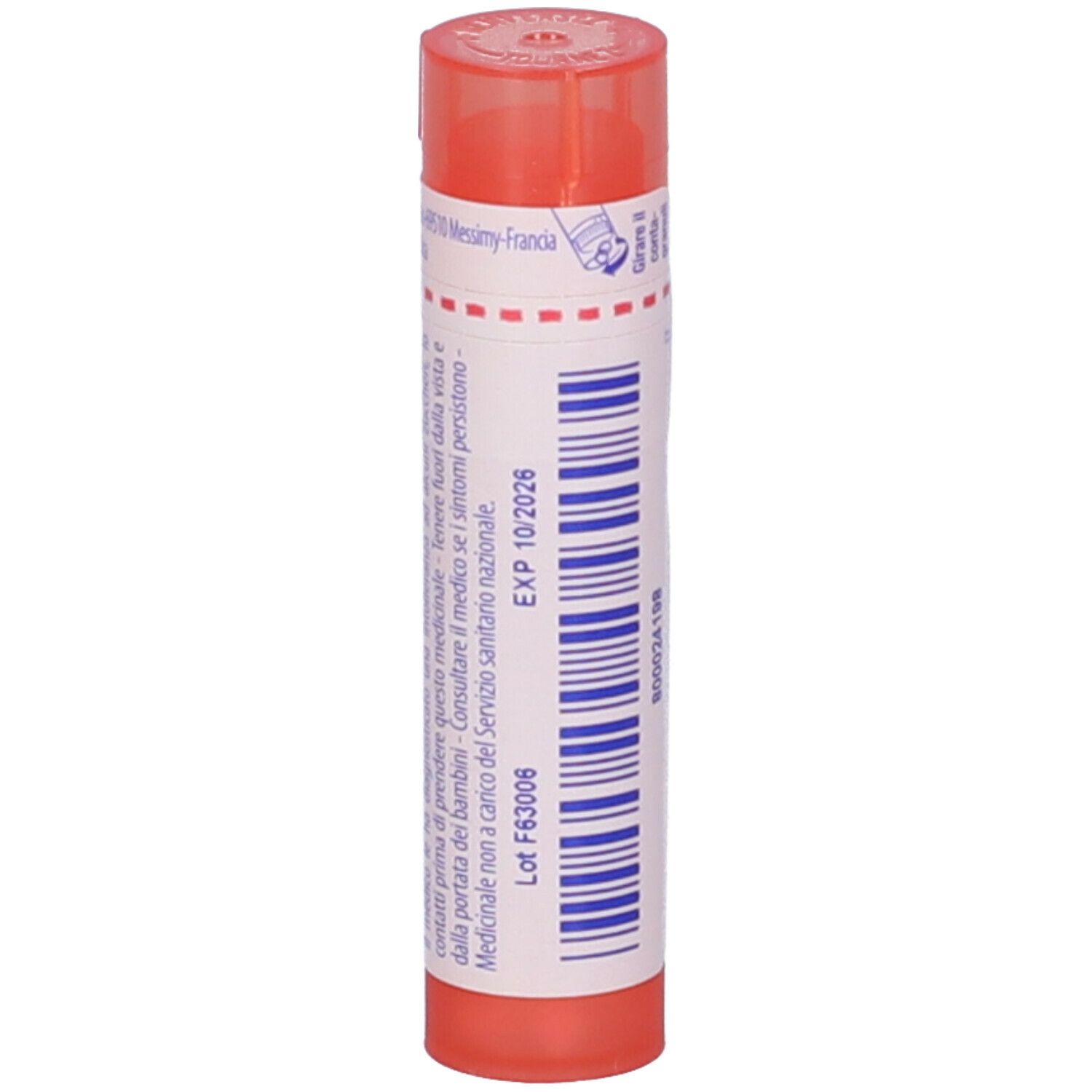 Confezione cilindrica arancione. Scritta: EXP 10/2026. Etichetta con testo e codice a barre.