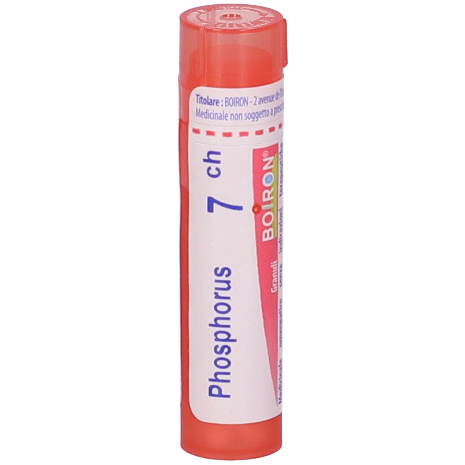 Confezione cilindrica arancione. Scritta: Phosphorus 7 ch, BOIRON. Vista verticale.