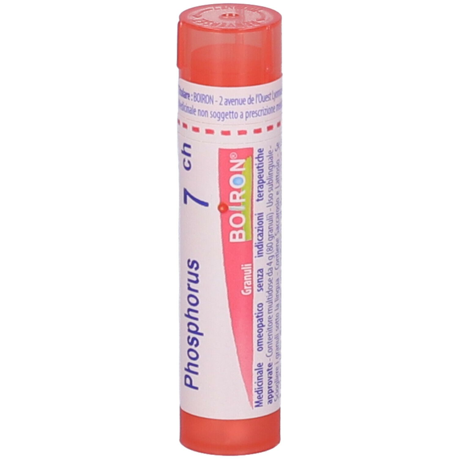 Confezione cilindrica arancione. Scritta: Phosphorus 7 ch, BOIRON. Etichetta con testo.