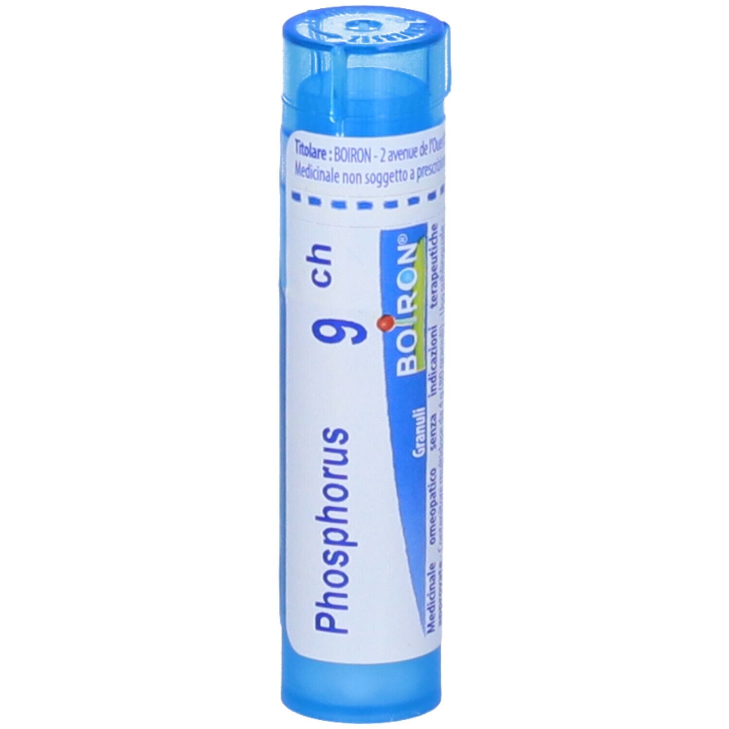 Tubo blu con etichetta bianca. Scritta: Phosphorus 9 ch, BOIRON, Granuli. Tappo blu.