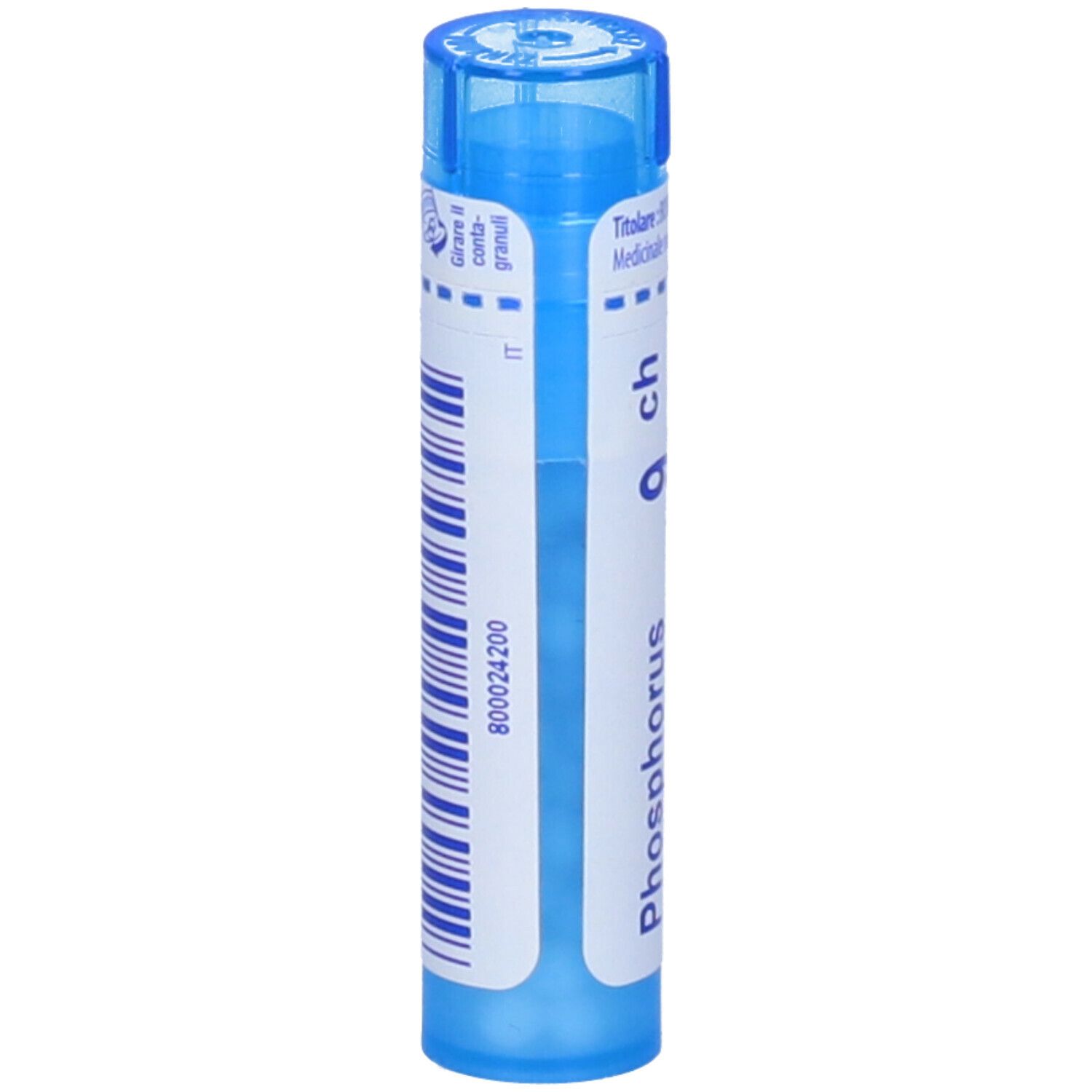 Tubo blu con etichetta bianca e codice a barre. Scritta: Phosphorus 9 ch. Tappo blu.