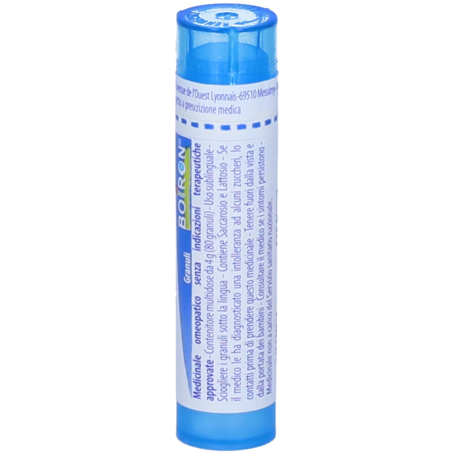 Tubo blu con etichetta bianca. Scritta: Phosphorus 9 ch, BOIRON, Granuli. Tappo blu.