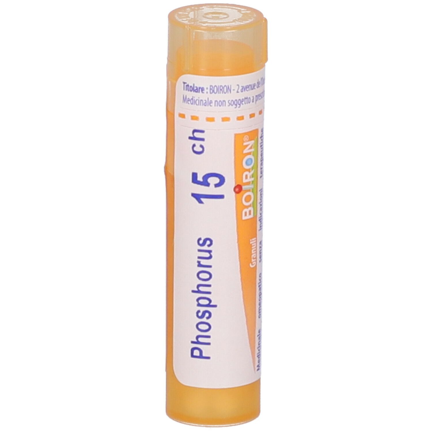 Confezione cilindrica verticale con 'Phosphorus 15 ch' e logo BOIRON. Liquido giallo visibile.
