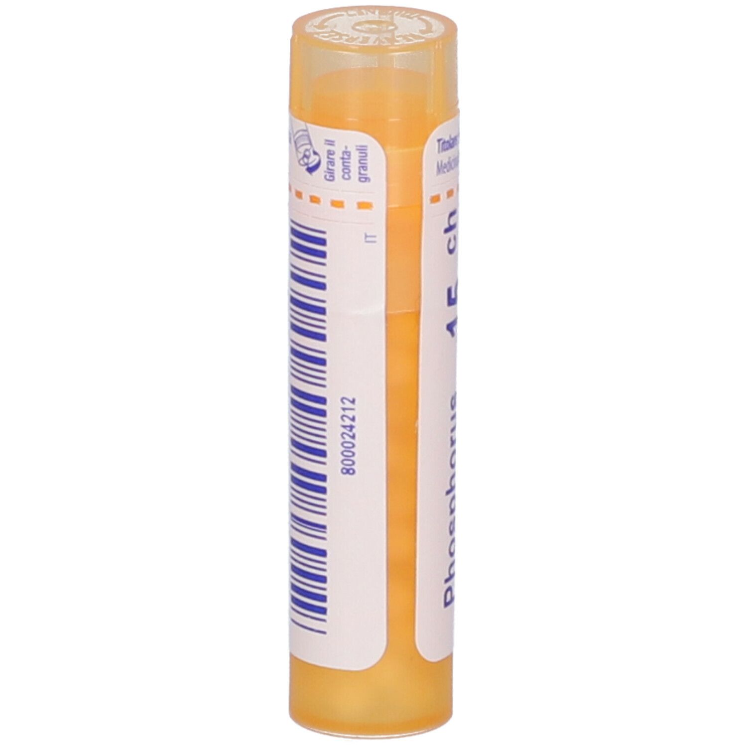 Confezione cilindrica con 'Phosphorus 15 ch' e logo BOIRON. Strisce blu e codice a barre sull'etichetta.