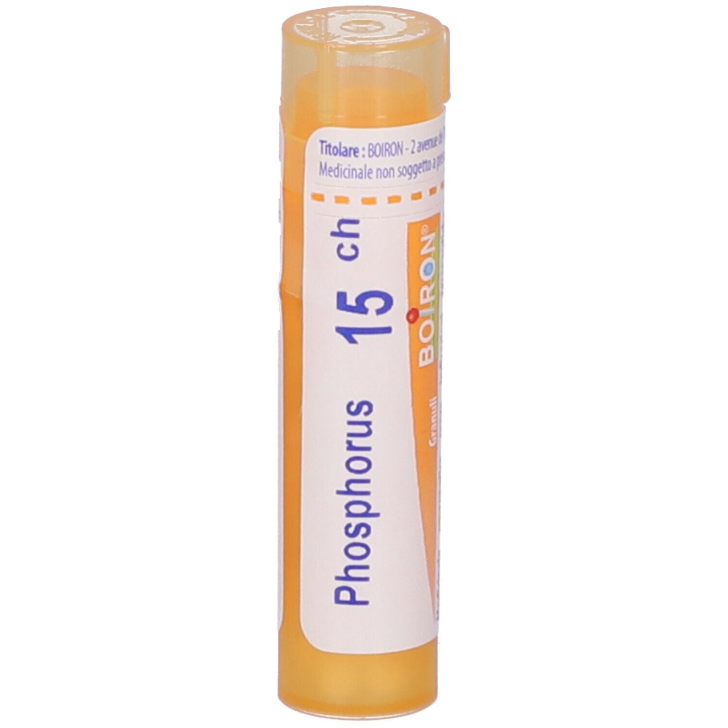 Confezione cilindrica con 'Phosphorus 15 ch' e logo BOIRON. Liquido giallo visibile.