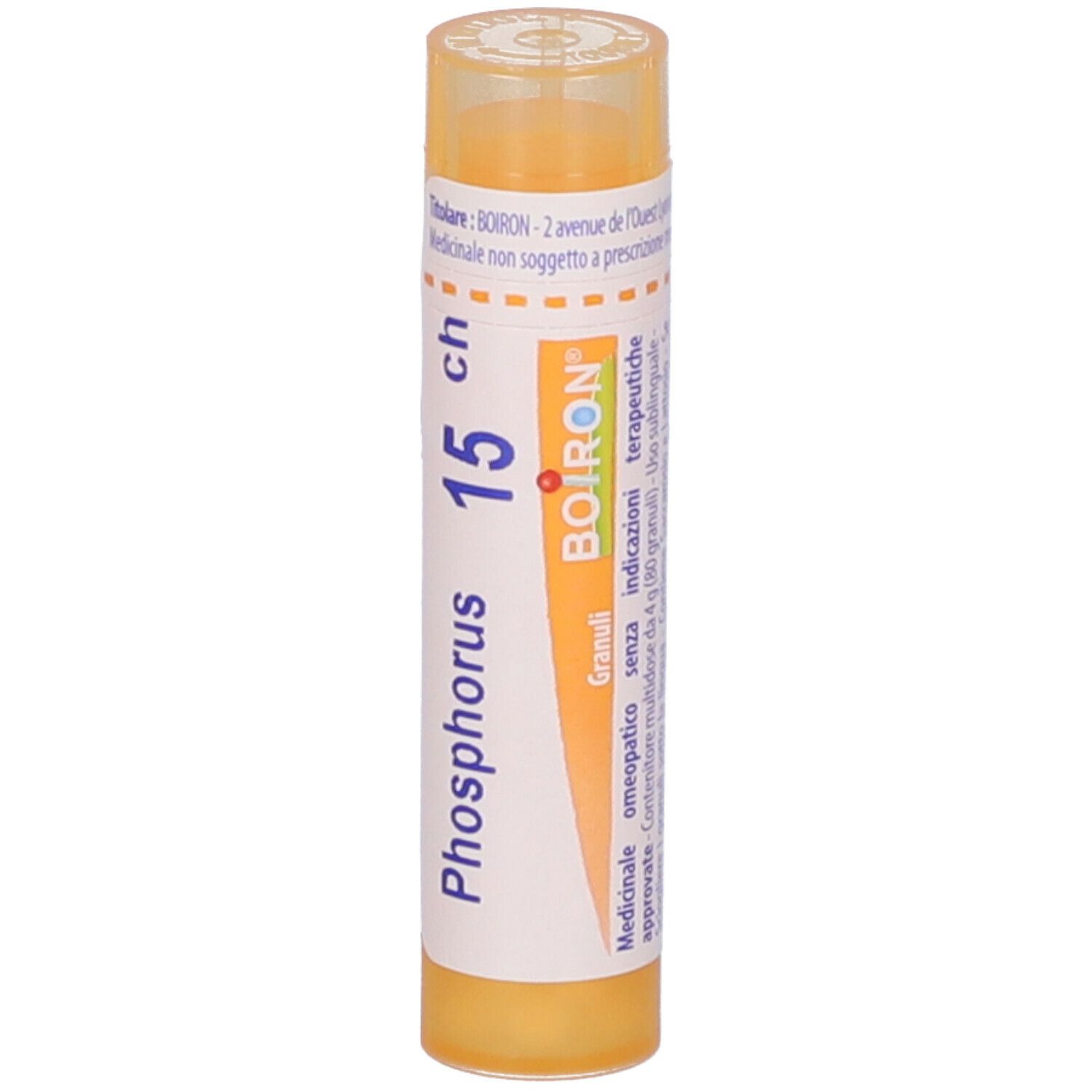 Confezione cilindrica con 'Phosphorus 15 ch' e logo BOIRON. Informazioni aggiuntive sull'etichetta.