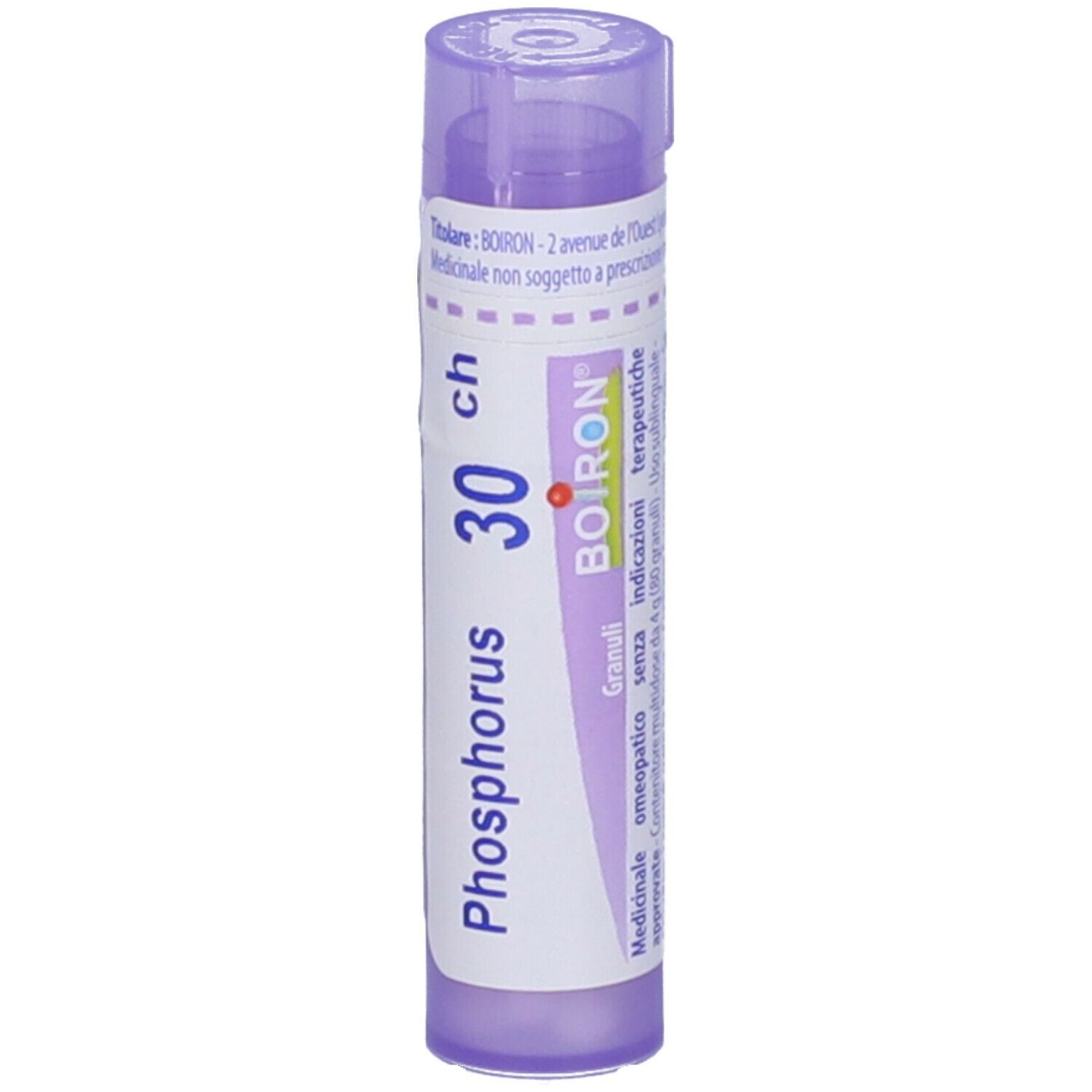 Tubo viola con etichetta bianca. Scritta: Phosphorus 30 ch, BOIRON. Vista verticale.