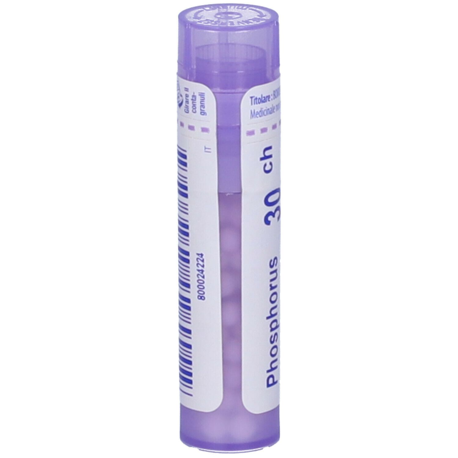 Tubo viola con etichetta bianca. Scritta: Phosphorus 30 ch. Vista verticale.