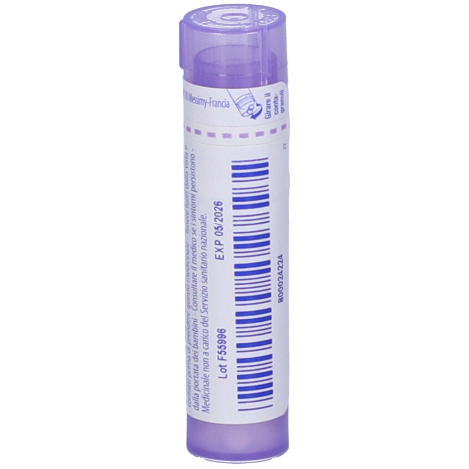Tubo viola con etichetta bianca. Scritta: EXP 05/2026. Vista verticale.