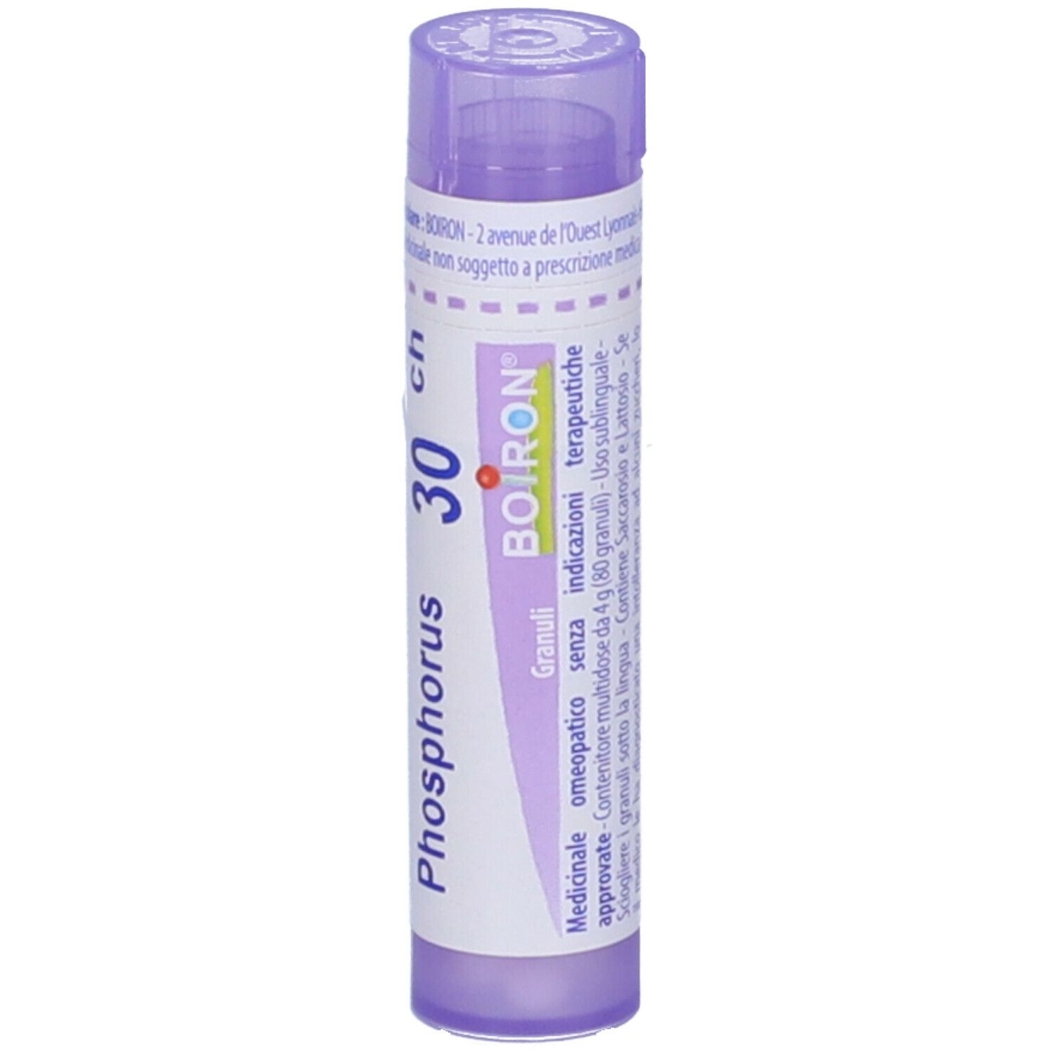 Tubo viola con etichetta bianca. Scritta: Phosphorus 30 ch, BOIRON. Vista verticale.