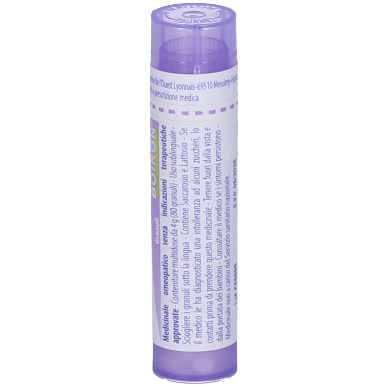 Tubo viola con etichetta bianca. Scritta: Phosphorus 30 ch, BOIRON. Vista verticale.