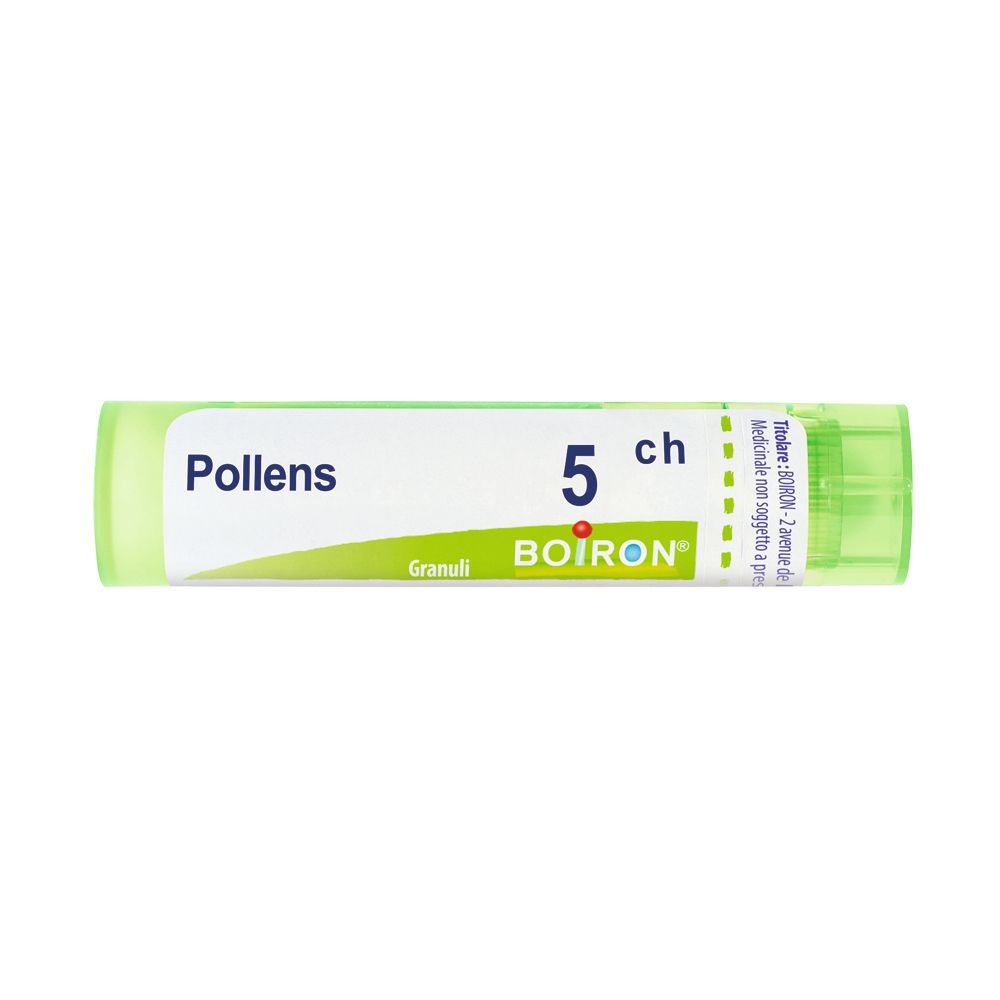 Tubo cilindrico verde. Scritta: Pollens 5 ch, BOIRON, Granuli. Etichetta bianca con dettagli verdi.