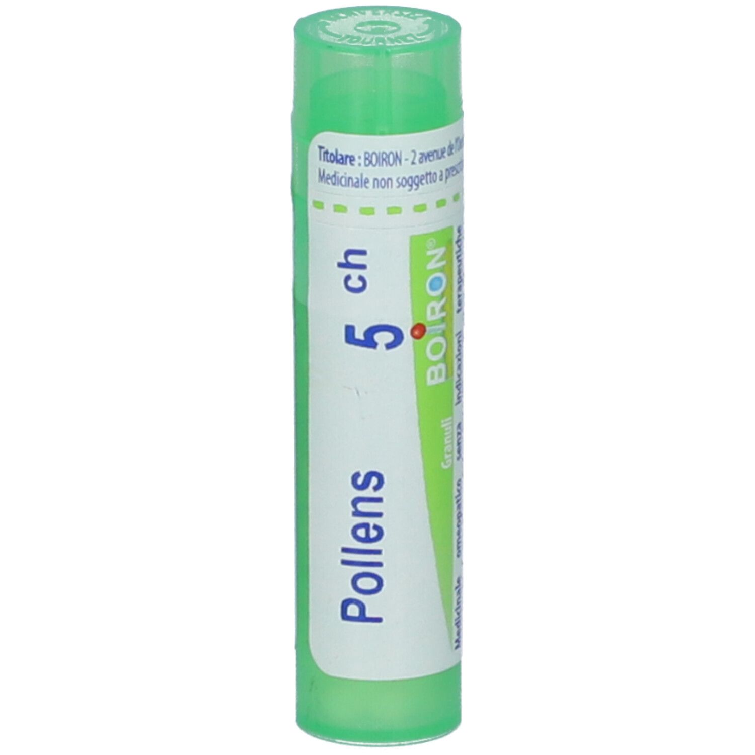 Tubo cilindrico verde. Scritta: Pollens 5 ch, BOIRON, Granuli. Etichetta bianca con dettagli verdi e blu.