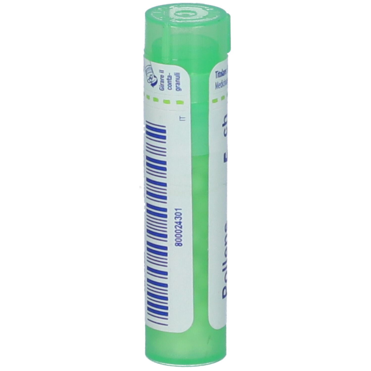 Tubo cilindrico verde. Scritta: Pollens 5 ch, BOIRON, Granuli. Etichetta bianca con dettagli blu e codice a barre.