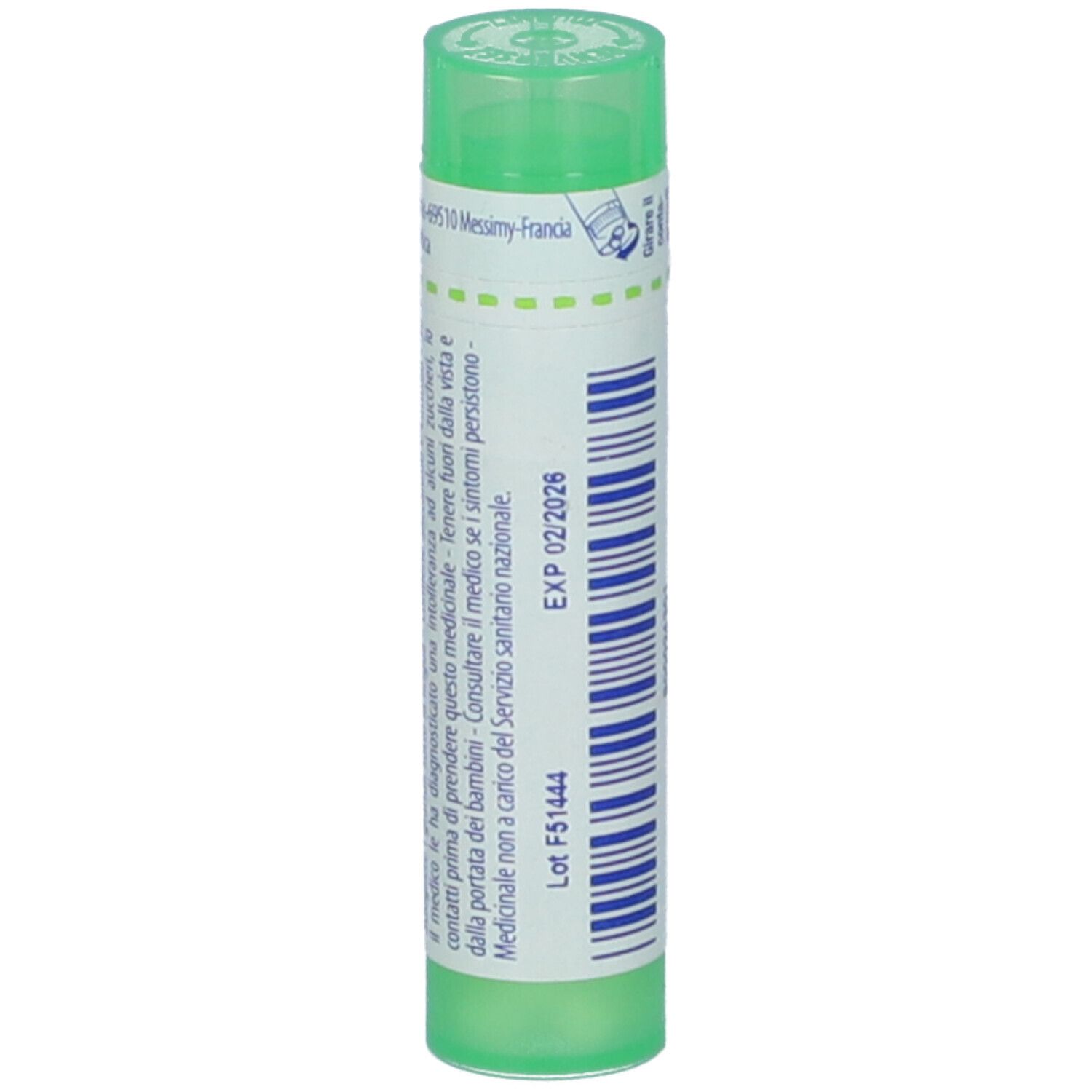 Tubo cilindrico verde. Scritta: Pollens 5 ch, BOIRON, Granuli. Etichetta bianca con dettagli blu e data di scadenza.