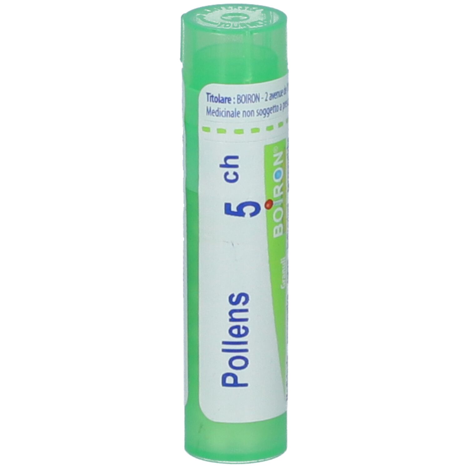 Tubo cilindrico verde. Scritta: Pollens 5 ch, BOIRON, Granuli. Etichetta bianca con dettagli blu.