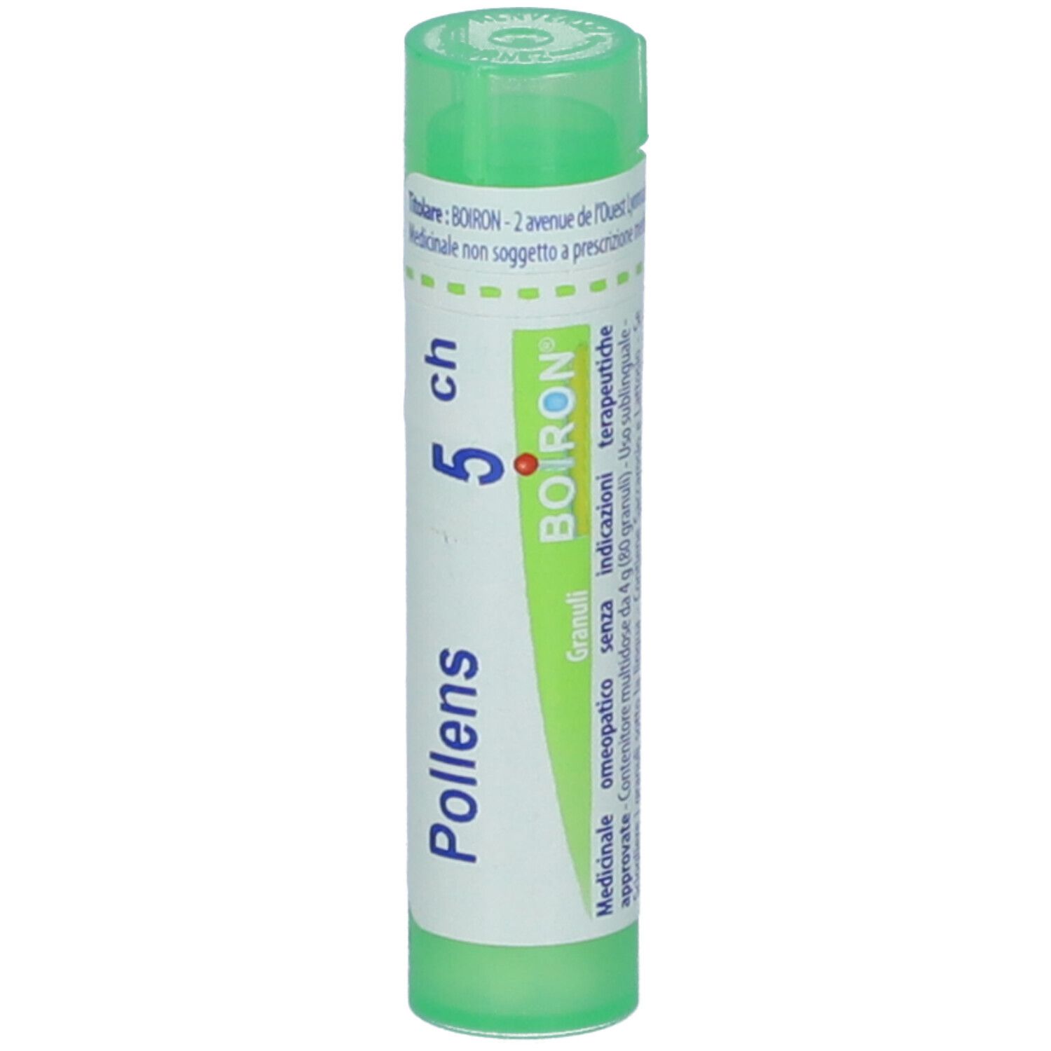 Tubo cilindrico verde. Scritta: Pollens 5 ch, BOIRON, Granuli. Etichetta bianca con dettagli blu.