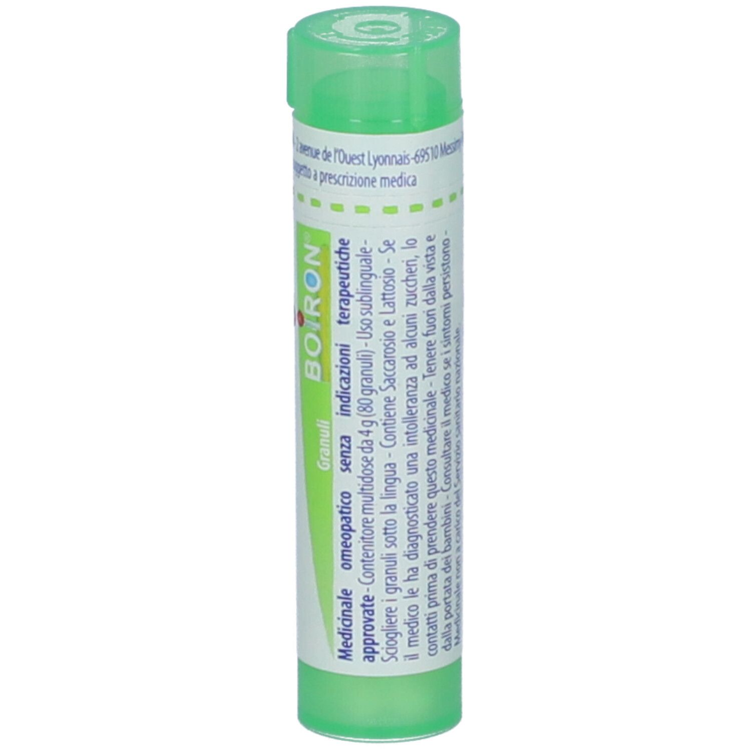 Tubo cilindrico verde. Scritta: Pollens 5 ch, BOIRON, Granuli. Etichetta bianca con dettagli blu.