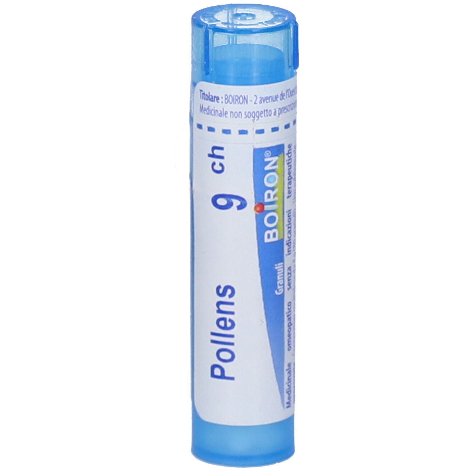 Tubo blu con "Pollens 9 ch" e logo BOIRON. Scritta in francese. Prodotto medico.