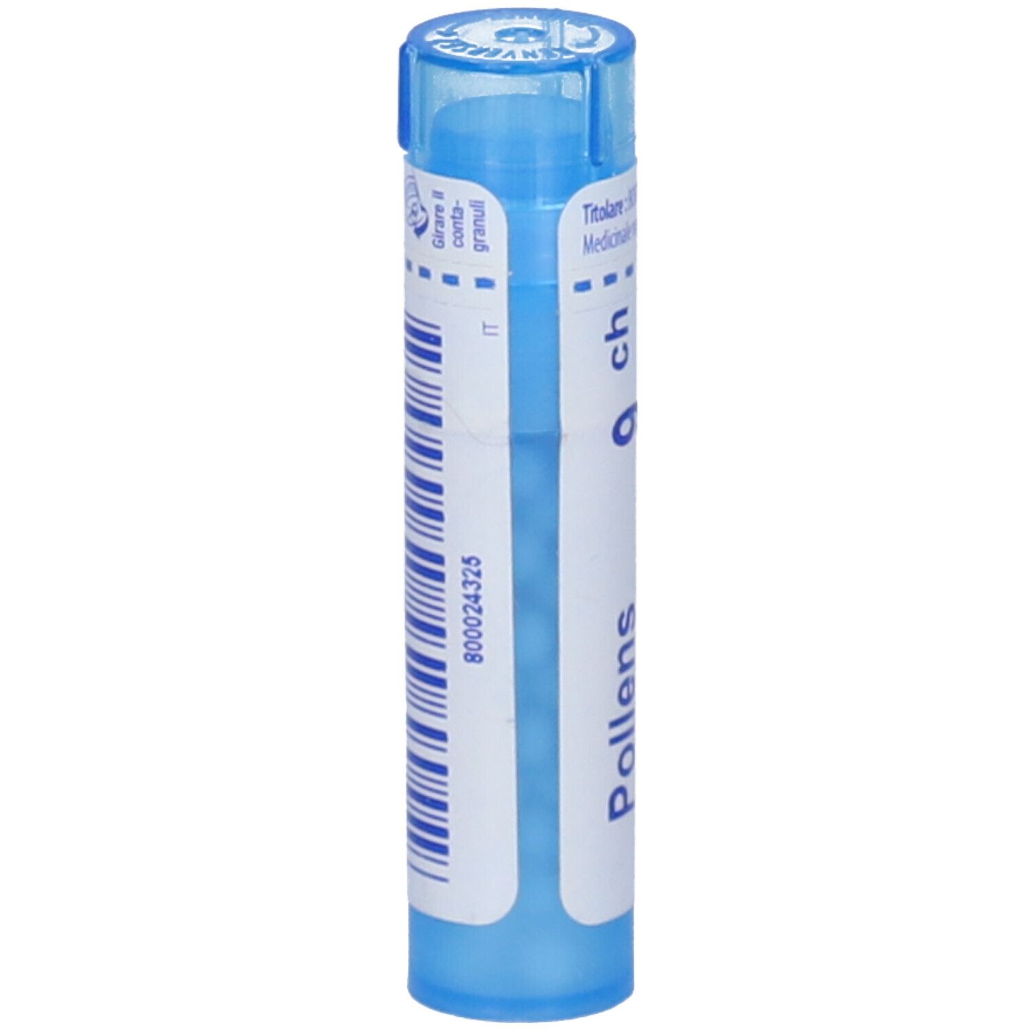 Tubo blu con "Pollens 9 ch" e logo BOIRON. Scritta in francese. Prodotto medico.