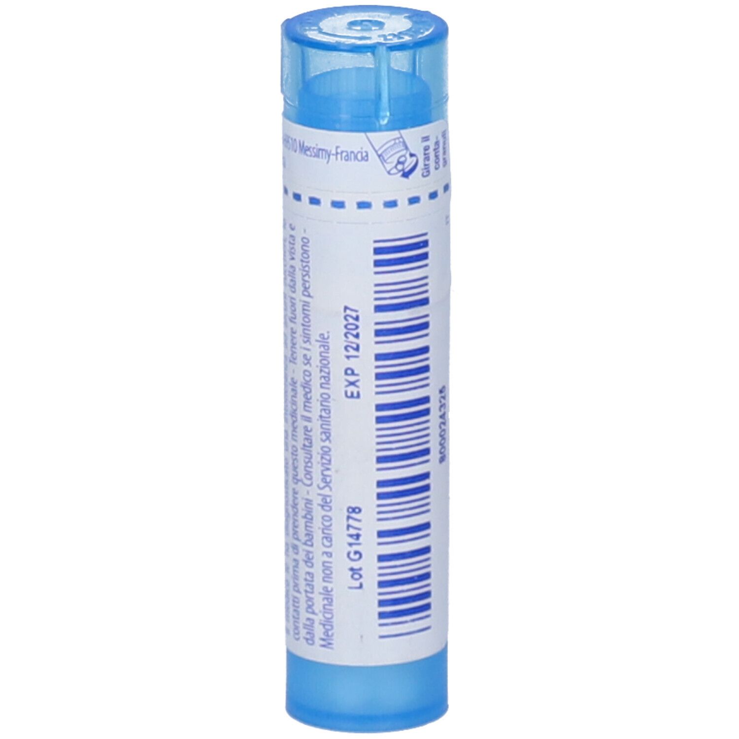 Tubo blu con "Pollens 9 ch" e logo BOIRON. Scritta in francese. Prodotto medico. Scadenza 12/2027.
