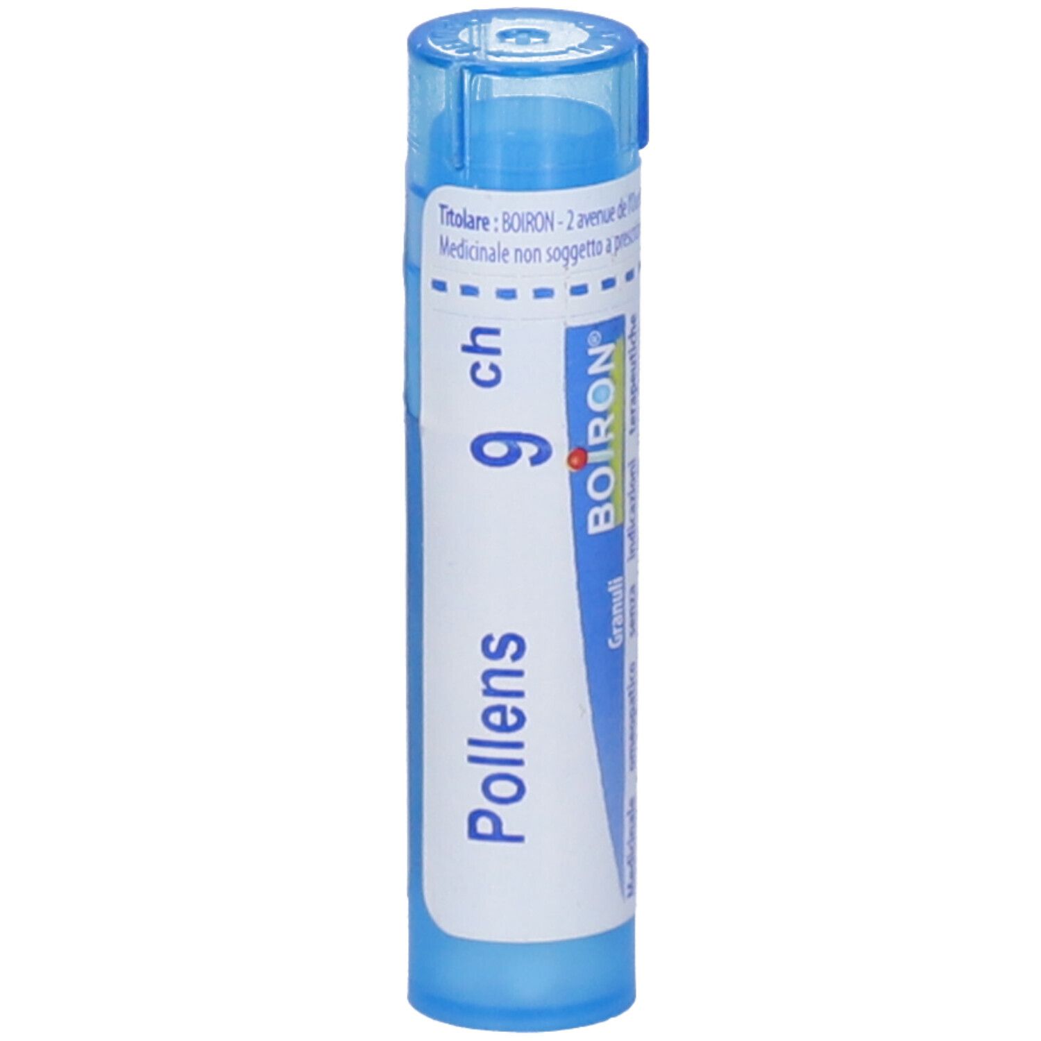 Tubo blu con "Pollens 9 ch" e logo BOIRON. Scritta in francese. Prodotto medico.
