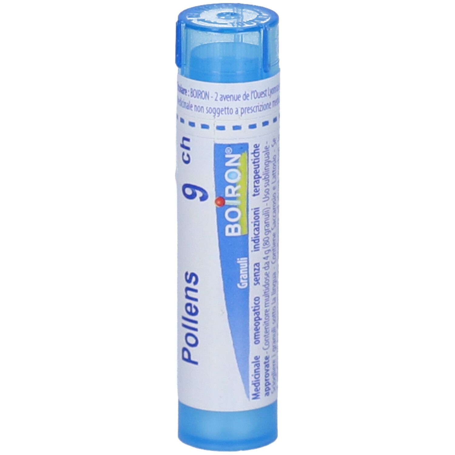 Tubo blu con "Pollens 9 ch" e logo BOIRON. Scritta in francese. Prodotto medico.
