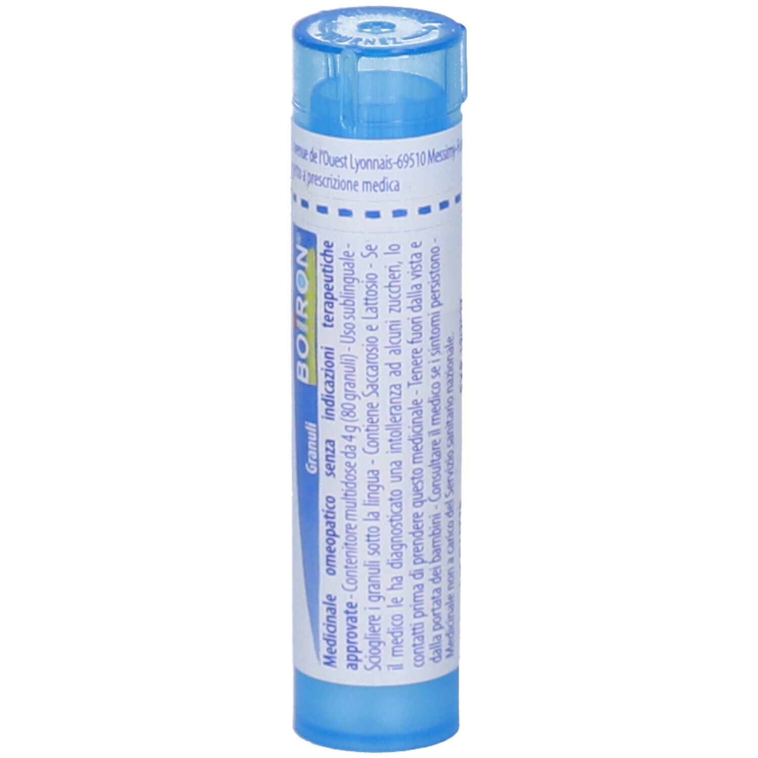 Tubo blu con "Pollens 9 ch" e logo BOIRON. Scritta in francese. Prodotto medico.