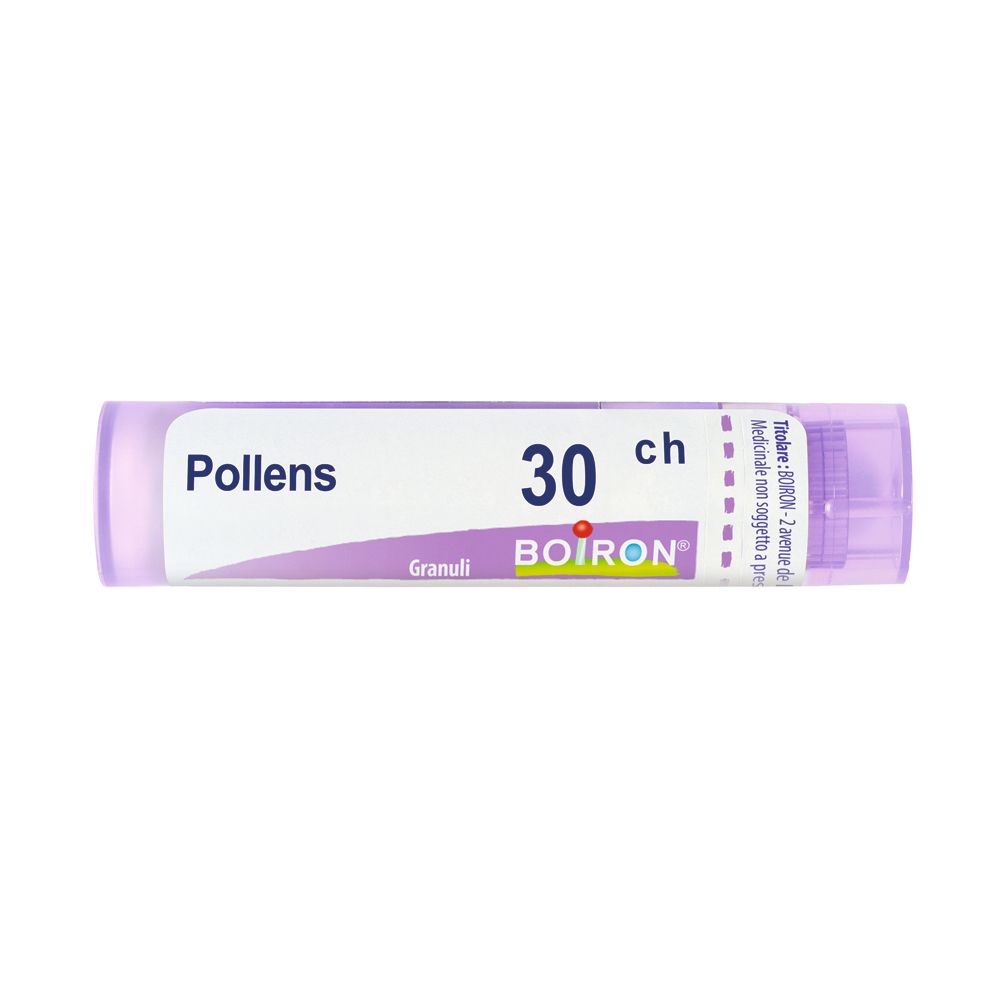 Confezione cilindrica viola con etichetta bianca. Scritta: Pollens 30 ch, BOIRON, Granuli.