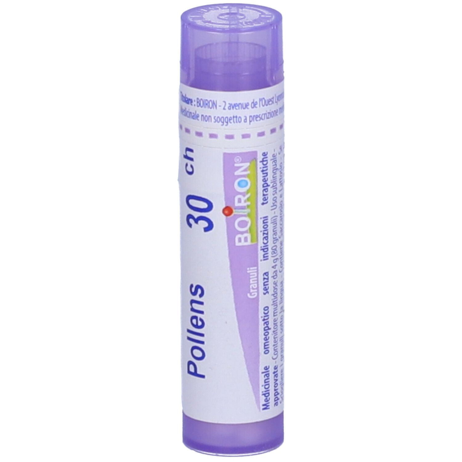 Confezione cilindrica viola. Scritta: Pollens 30 ch, BOIRON, Granuli. Viola sopra e sotto.