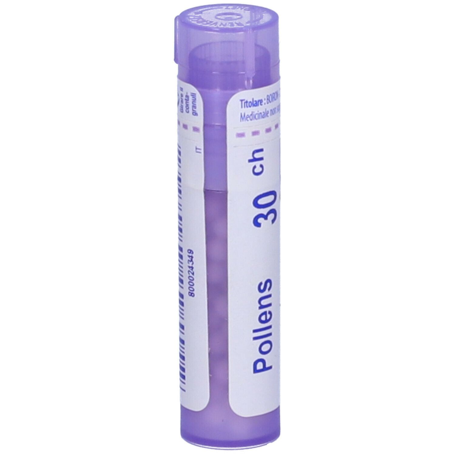 Confezione cilindrica viola. Scritta: Pollens 30 ch. Globuli visibili. Viola sopra e sotto.